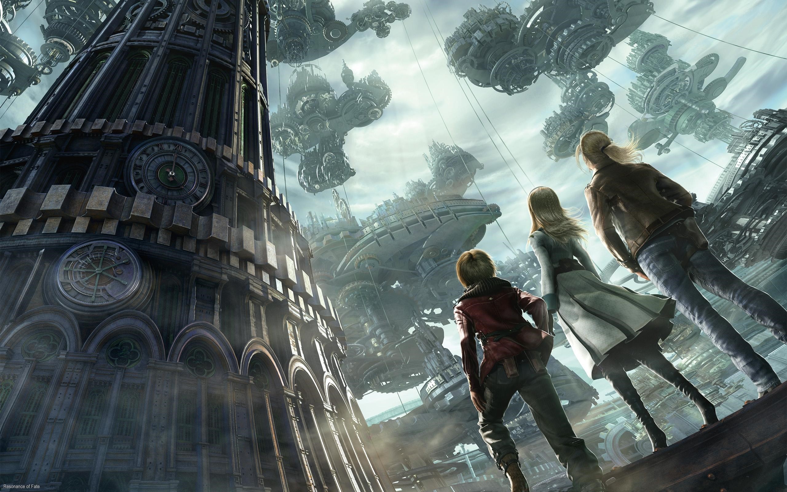 Characters looking at floating cities in Final Fantasy XIII HD Wallpaper
