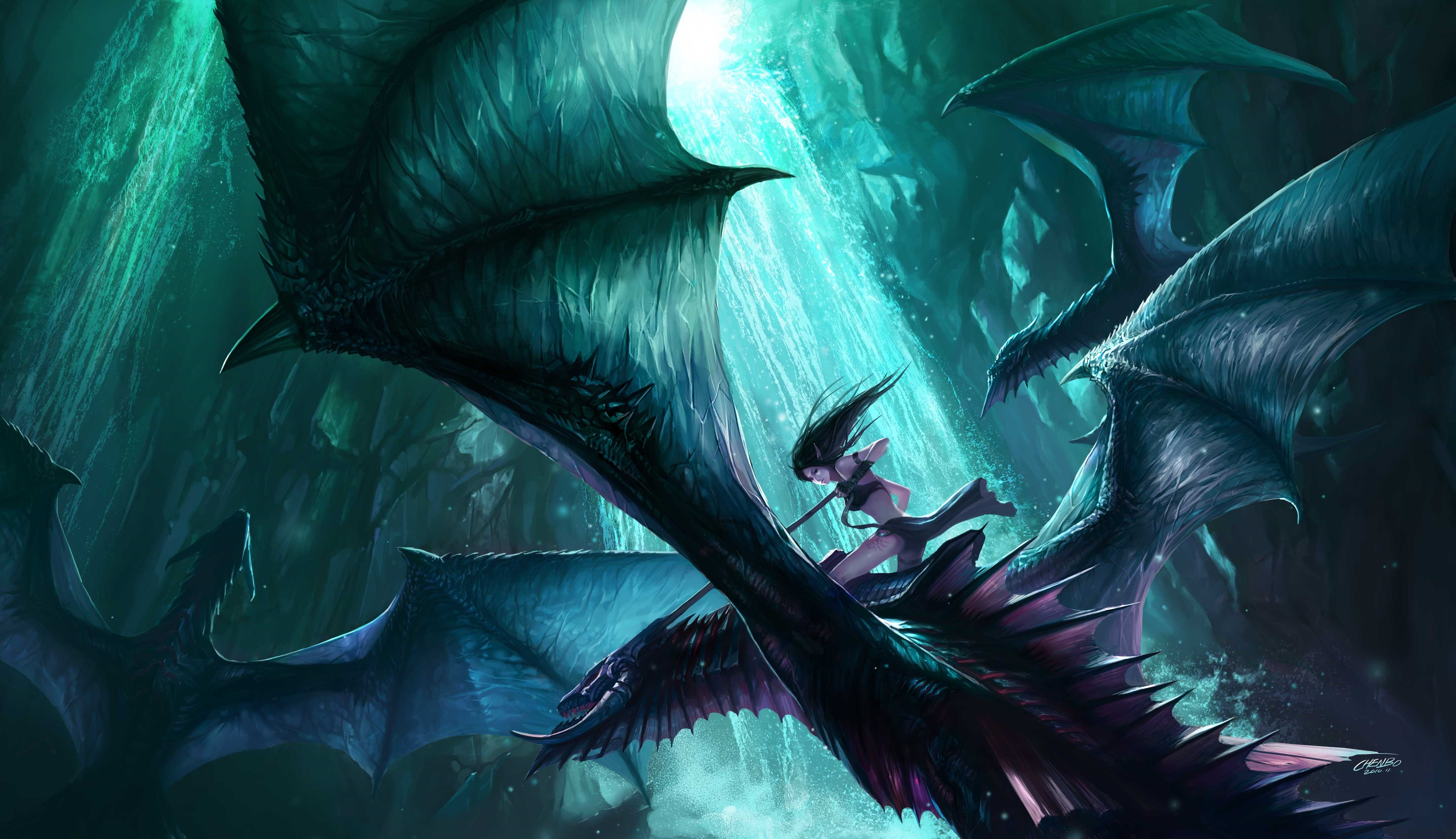 Girl riding a dragon in a cave HD Wallpaper