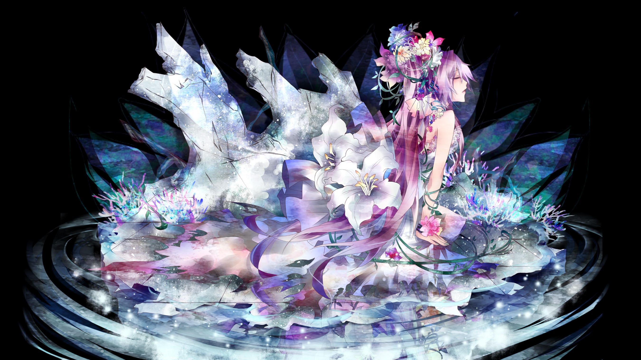 Hatsune Miku in a floral, watery environment HD Wallpaper