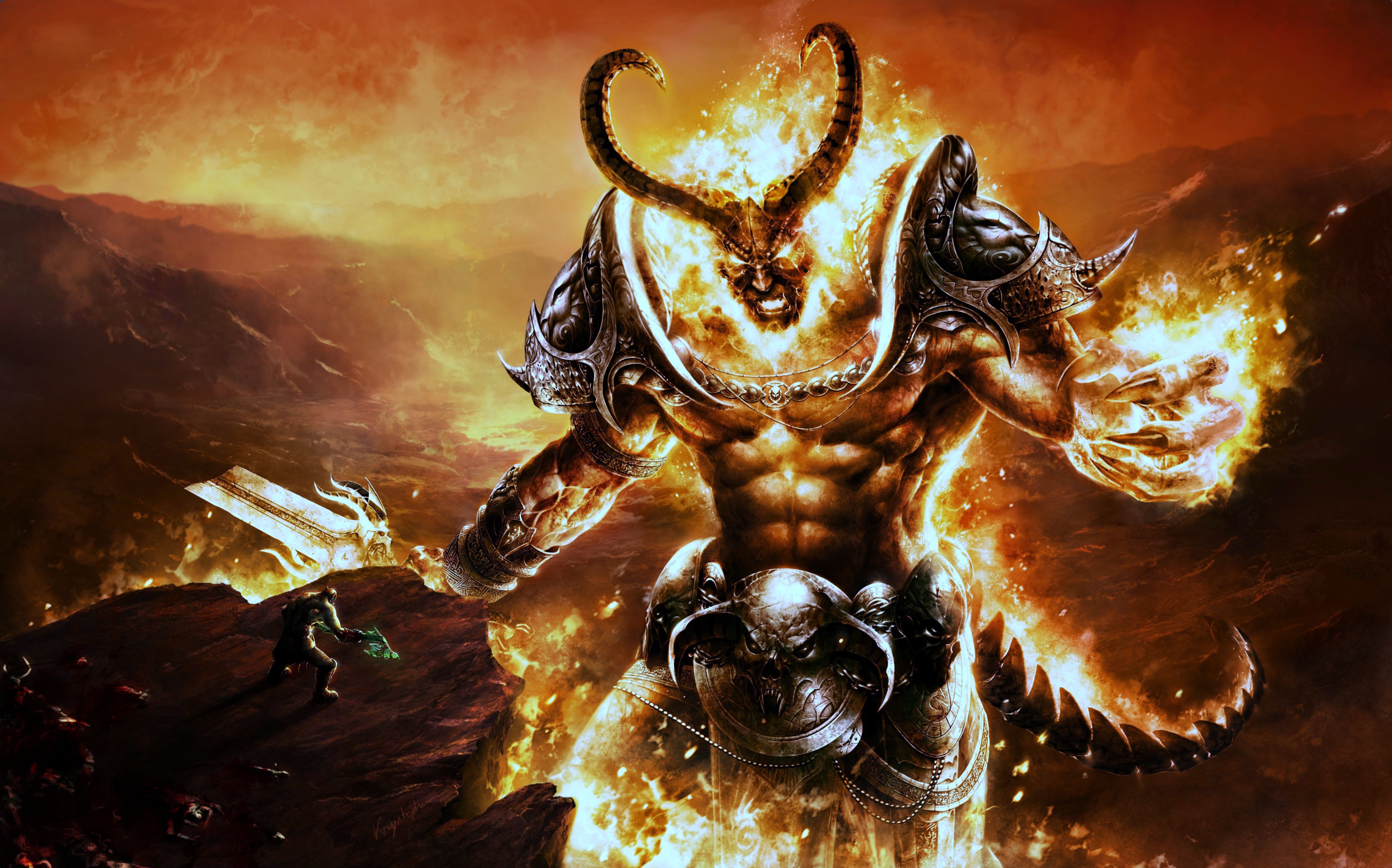 Demon Lord with Horns and Armor in Fiery Landscape HD Wallpaper