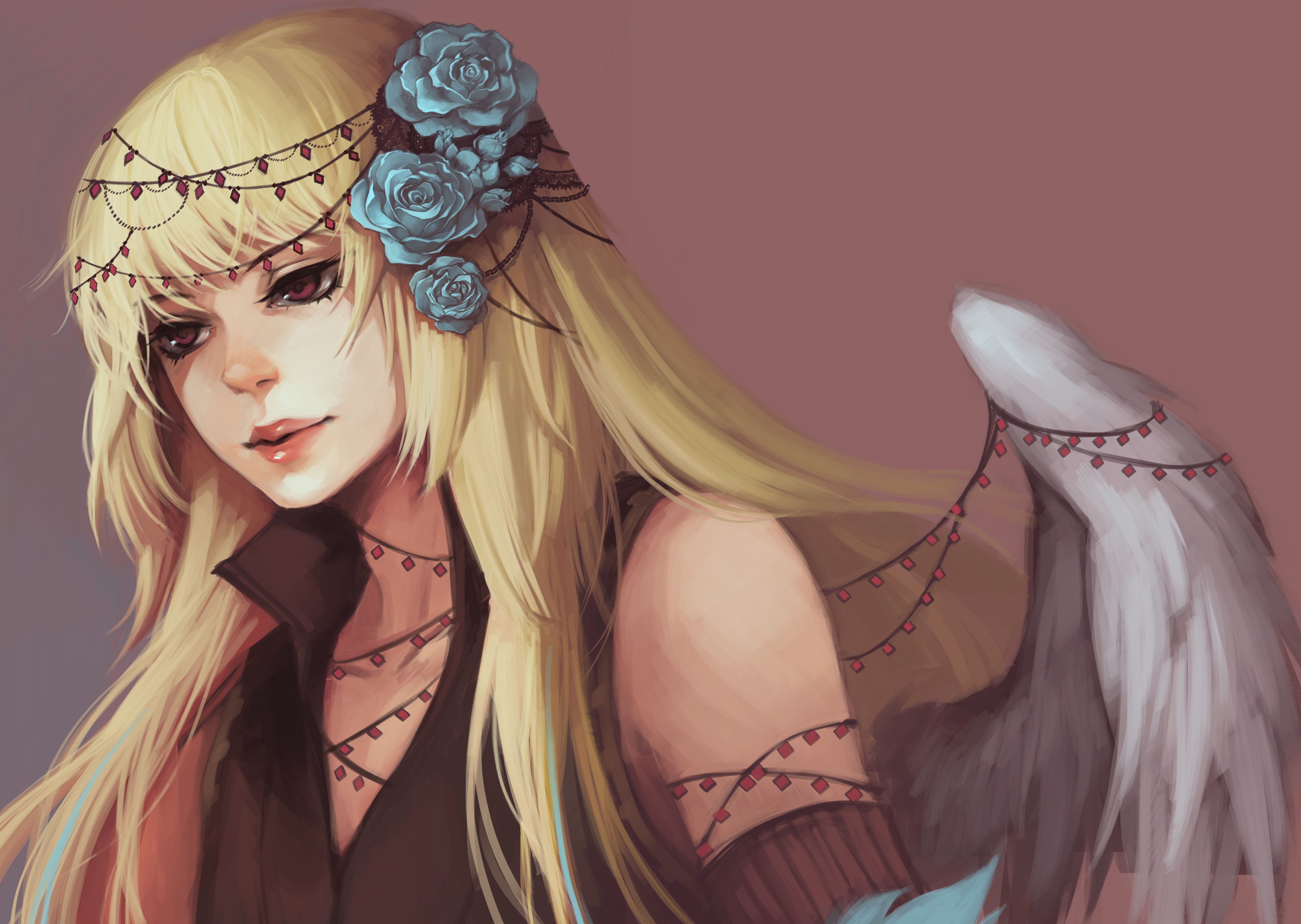 Anime girl with blonde hair and blue roses HD Wallpaper