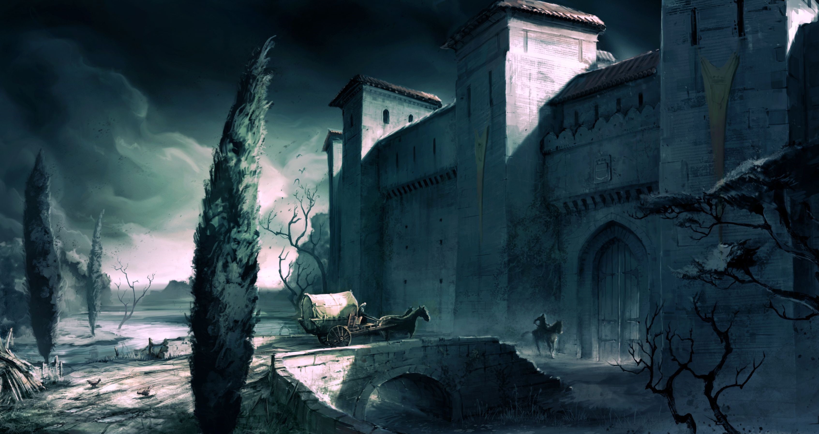Assassin's Creed: A carriage and a horseman approach a castle. HD Wallpaper