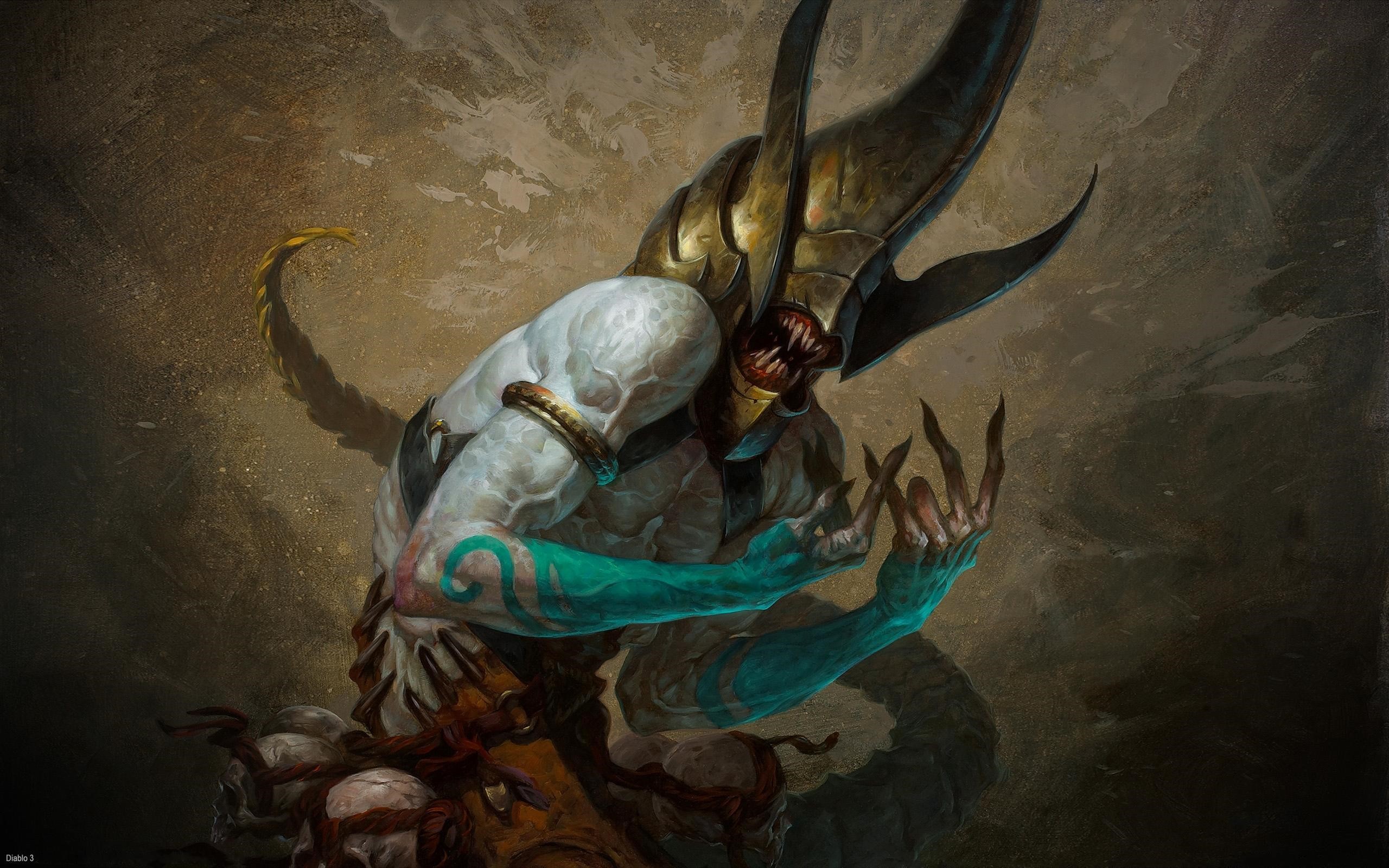 Diablo III creature with horns and teal markings HD Wallpaper
