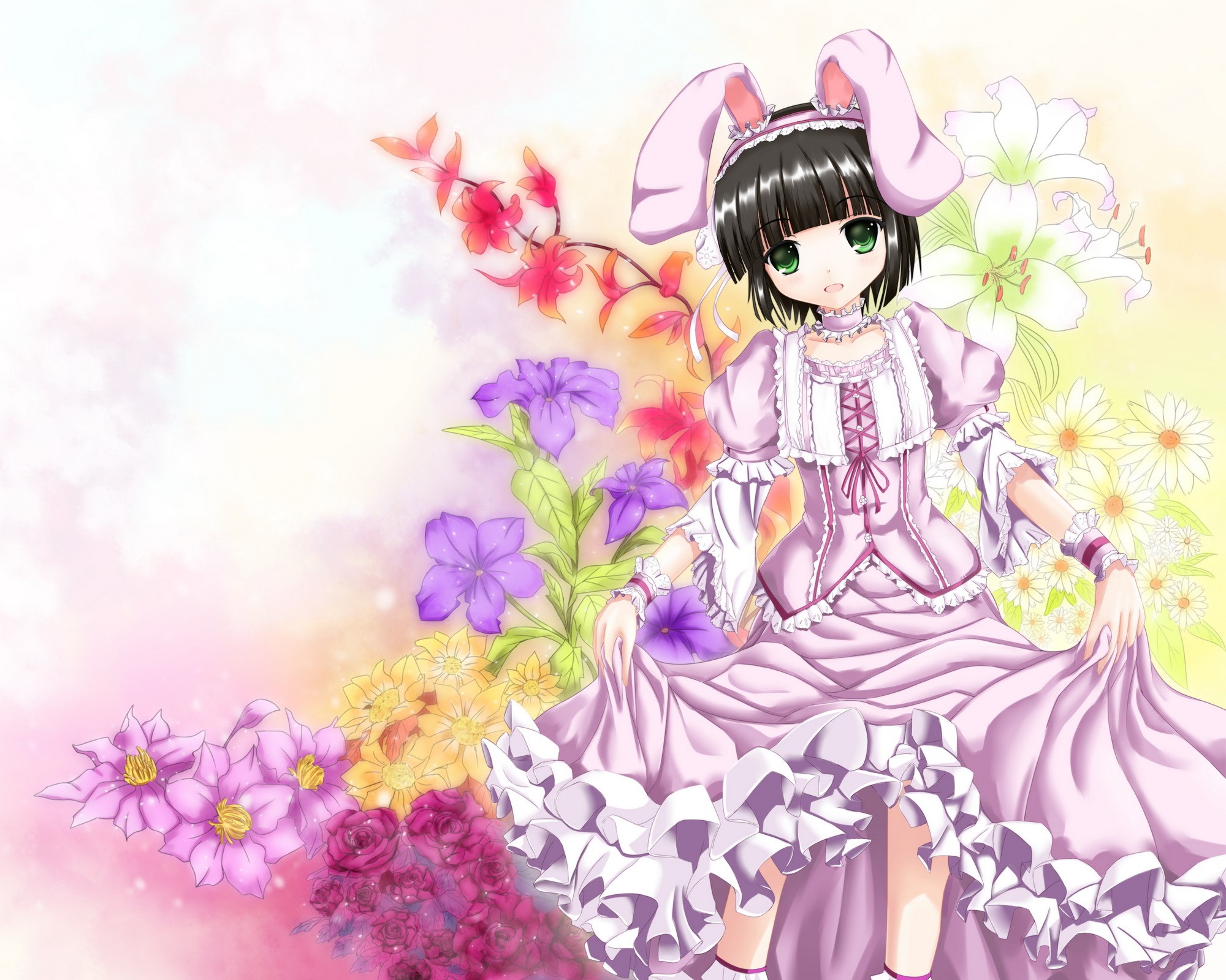 Girl with bunny ears in a pink dress HD Wallpaper
