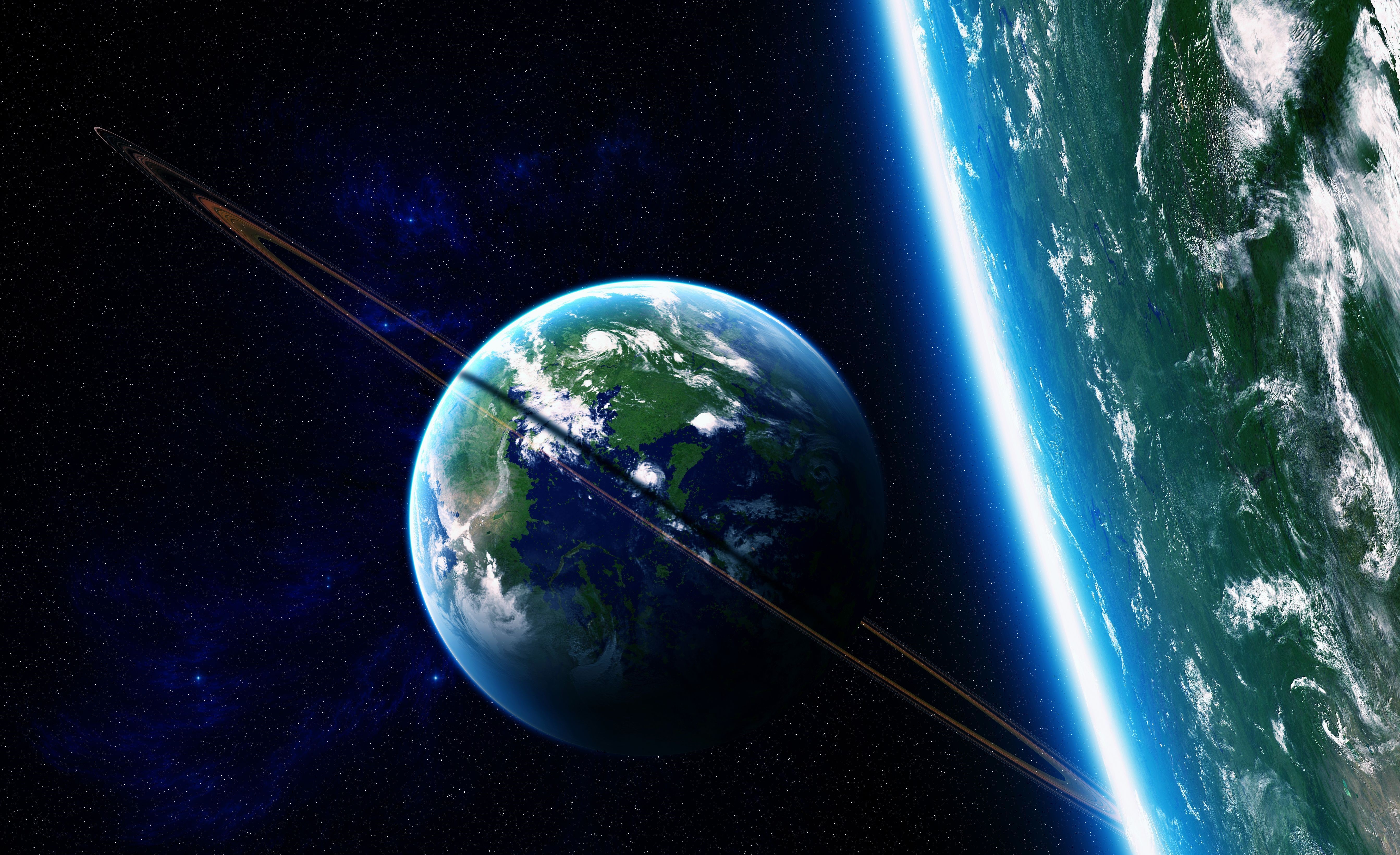 Ringed Planet and Earth-like Planet in Space HD Wallpaper