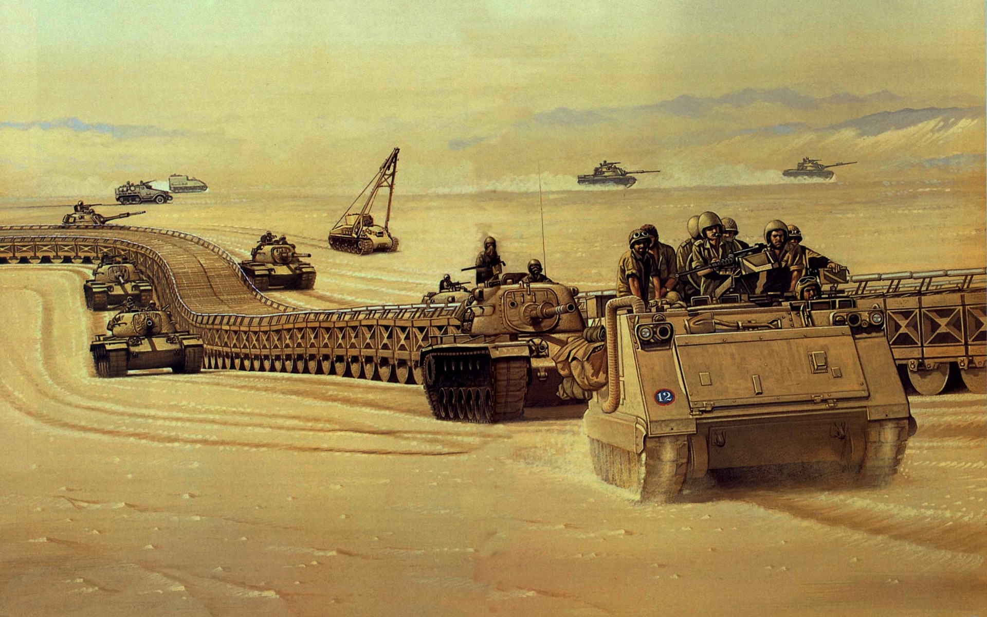 Tanks crossing a pontoon bridge in a desert HD Wallpaper