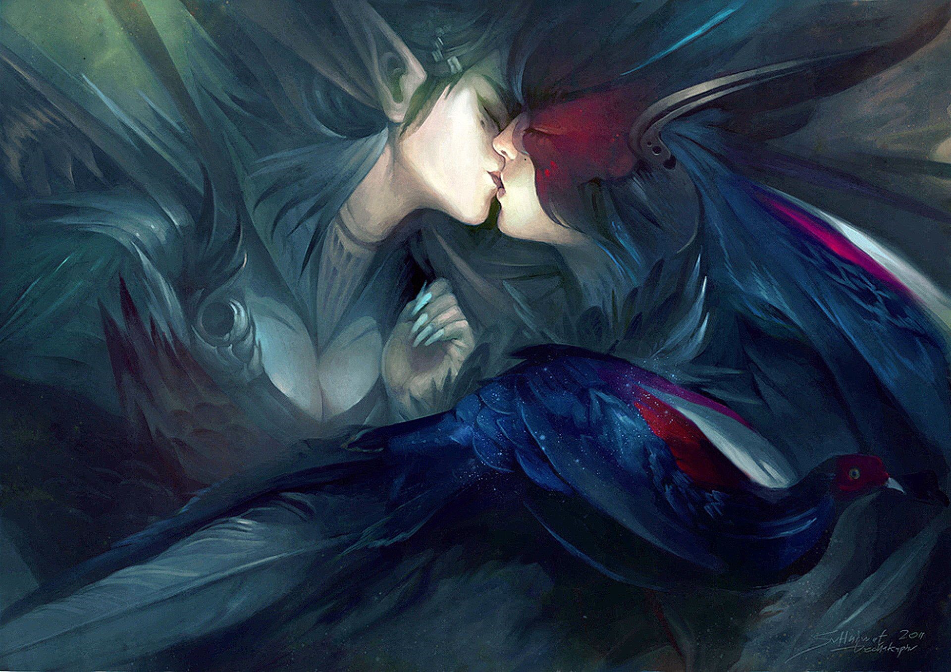 Two elven beings kissing with a bird in the foreground HD Wallpaper