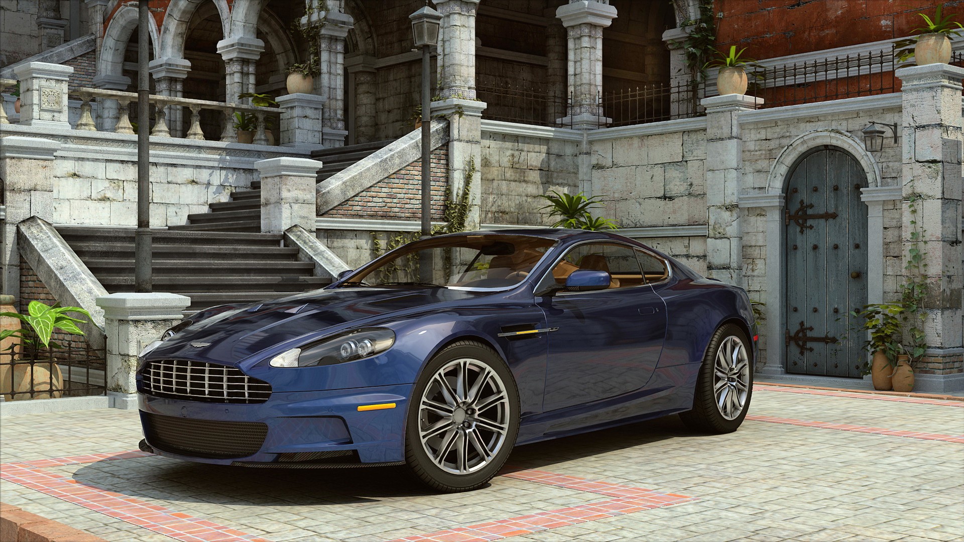 Blue Aston Martin parked in front of a stone building HD Wallpaper