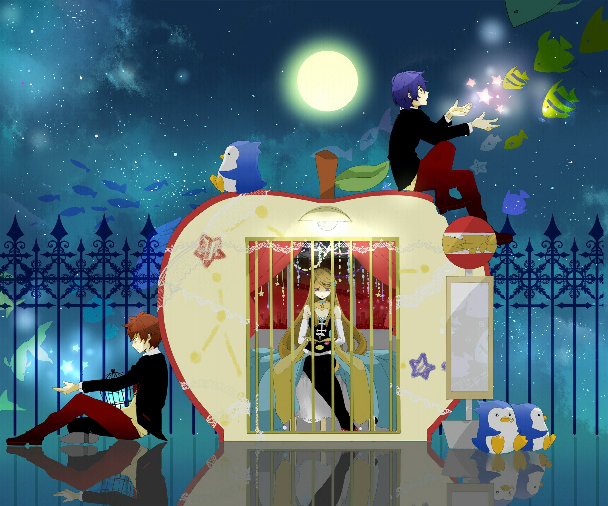 Mawaru Penguin Drum characters in an apple house HD Wallpaper