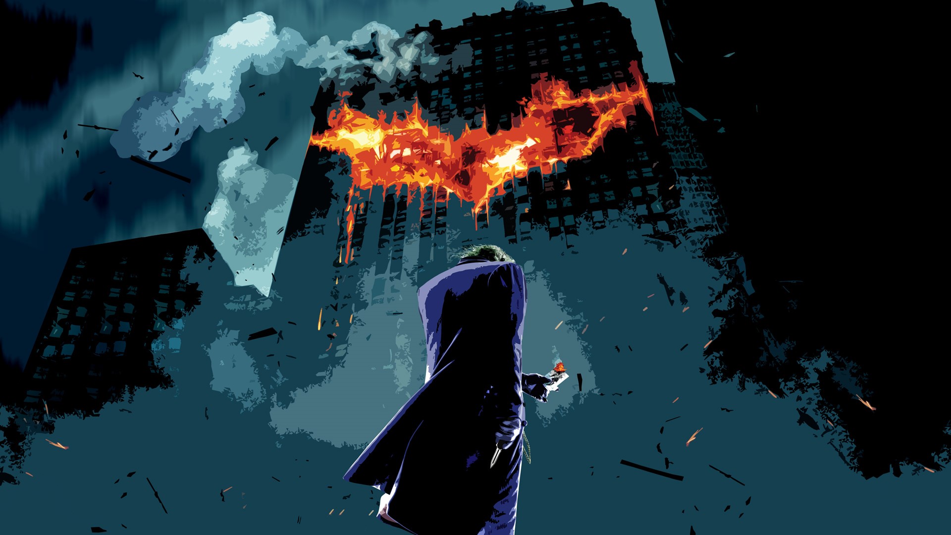 The Joker from The Dark Knight in front of a burning building HD Wallpaper