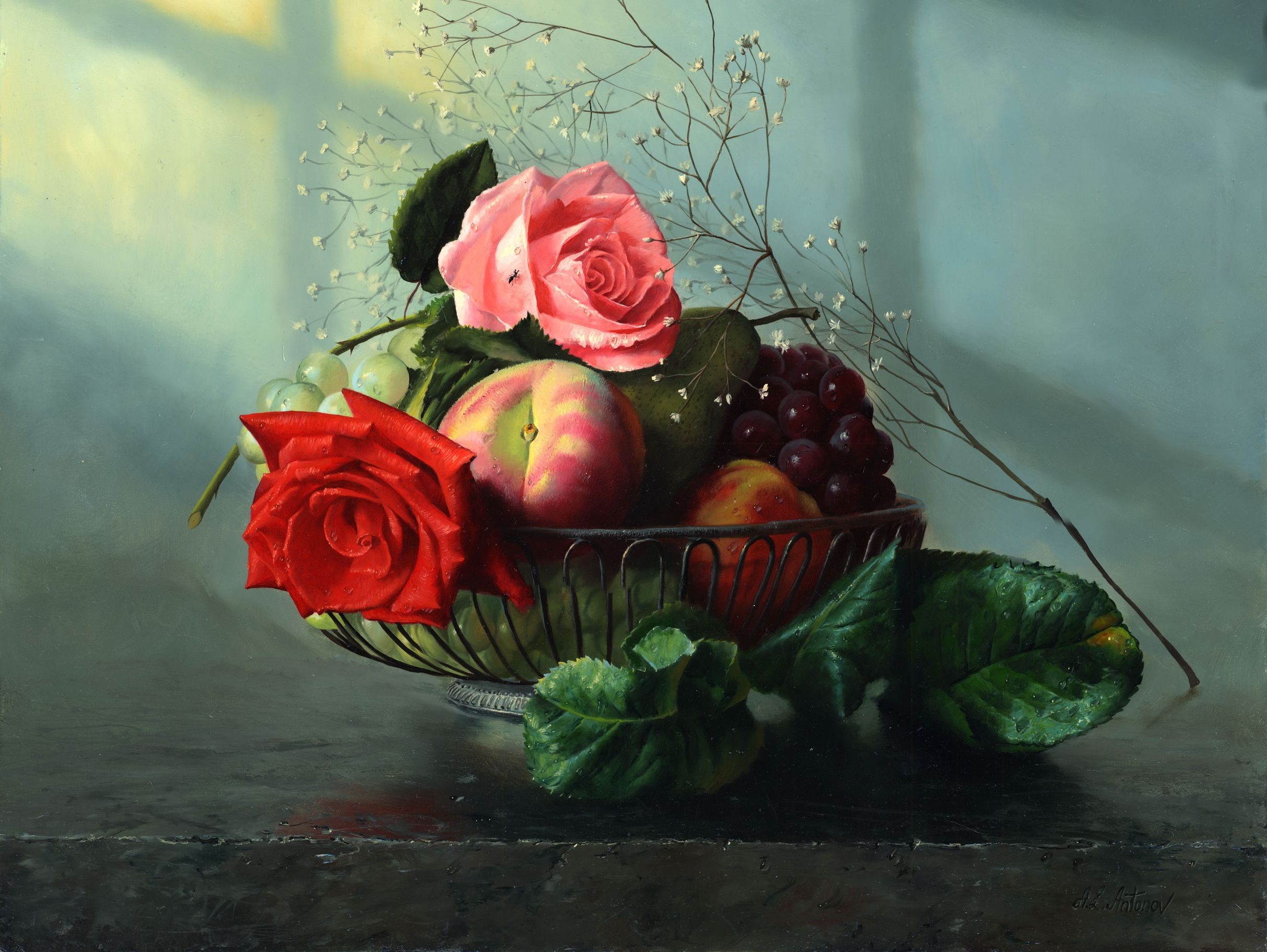 Still life with fruit and roses by Alexei Antonov HD Wallpaper
