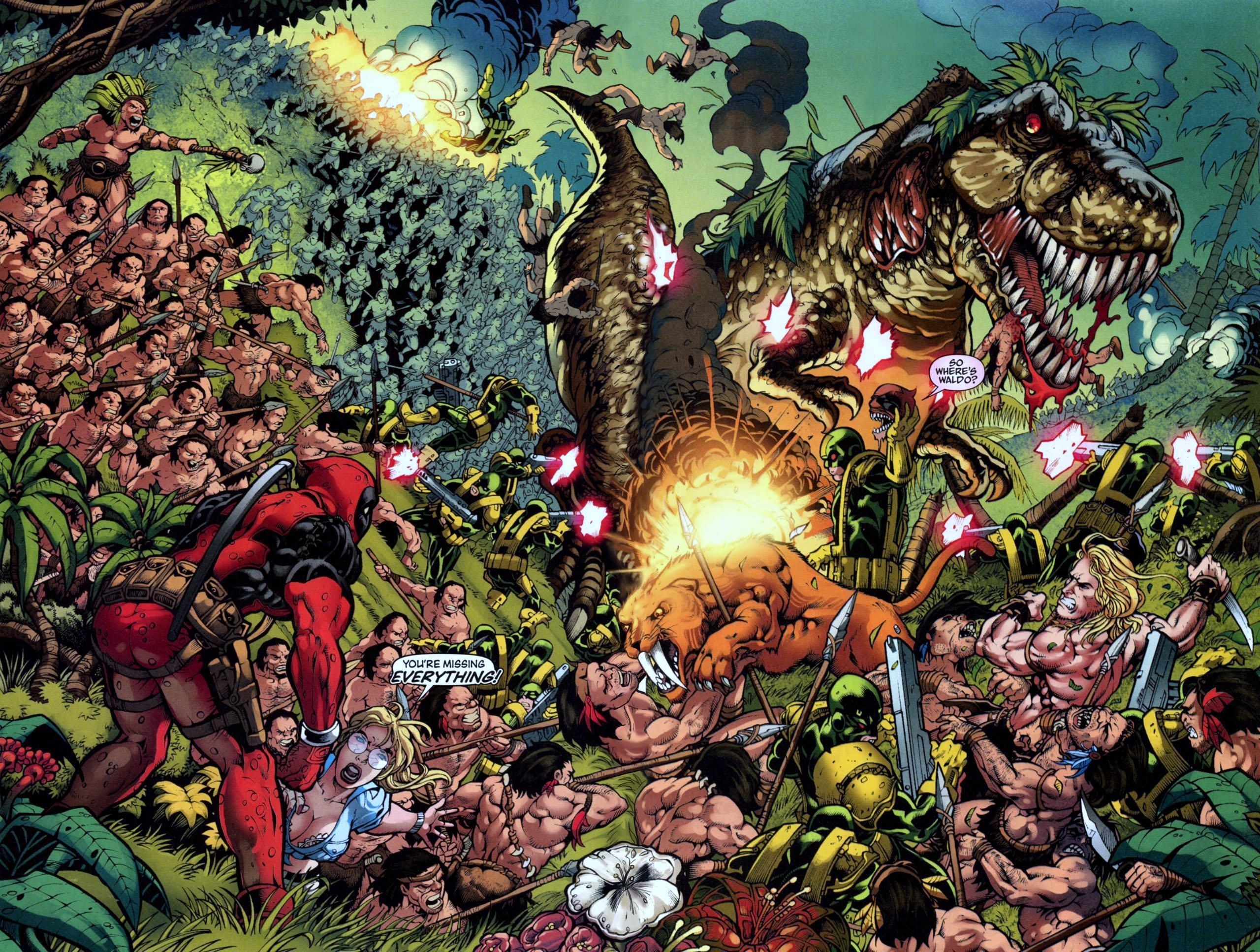 Deadpool and allies fighting dinosaurs and cavemen HD Wallpaper