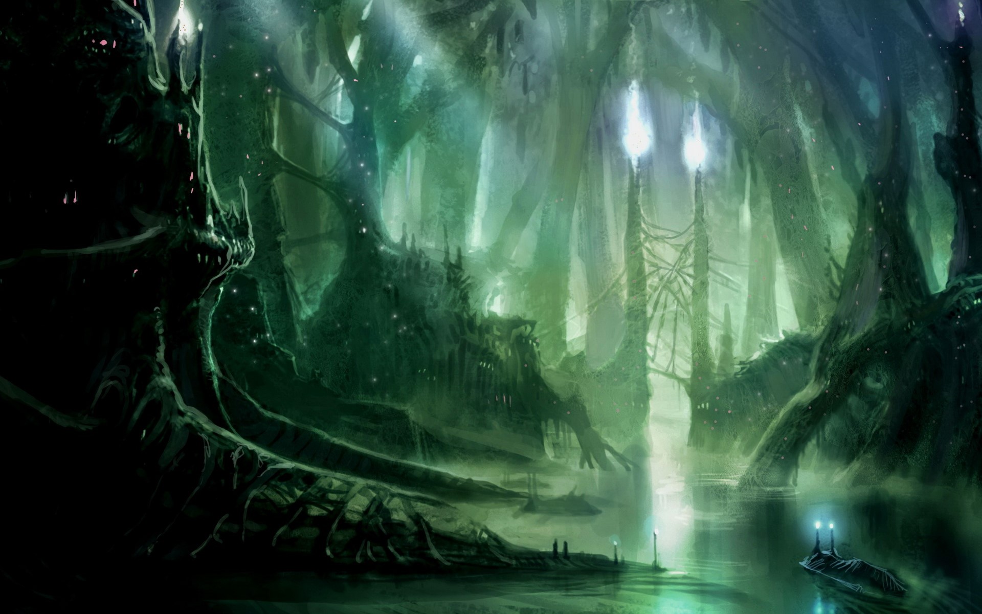 Alien swamp with glowing plants and structures HD Wallpaper