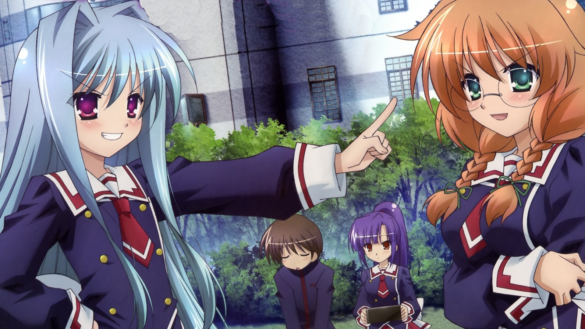 Anime girls in school uniforms in front of a building HD Wallpaper