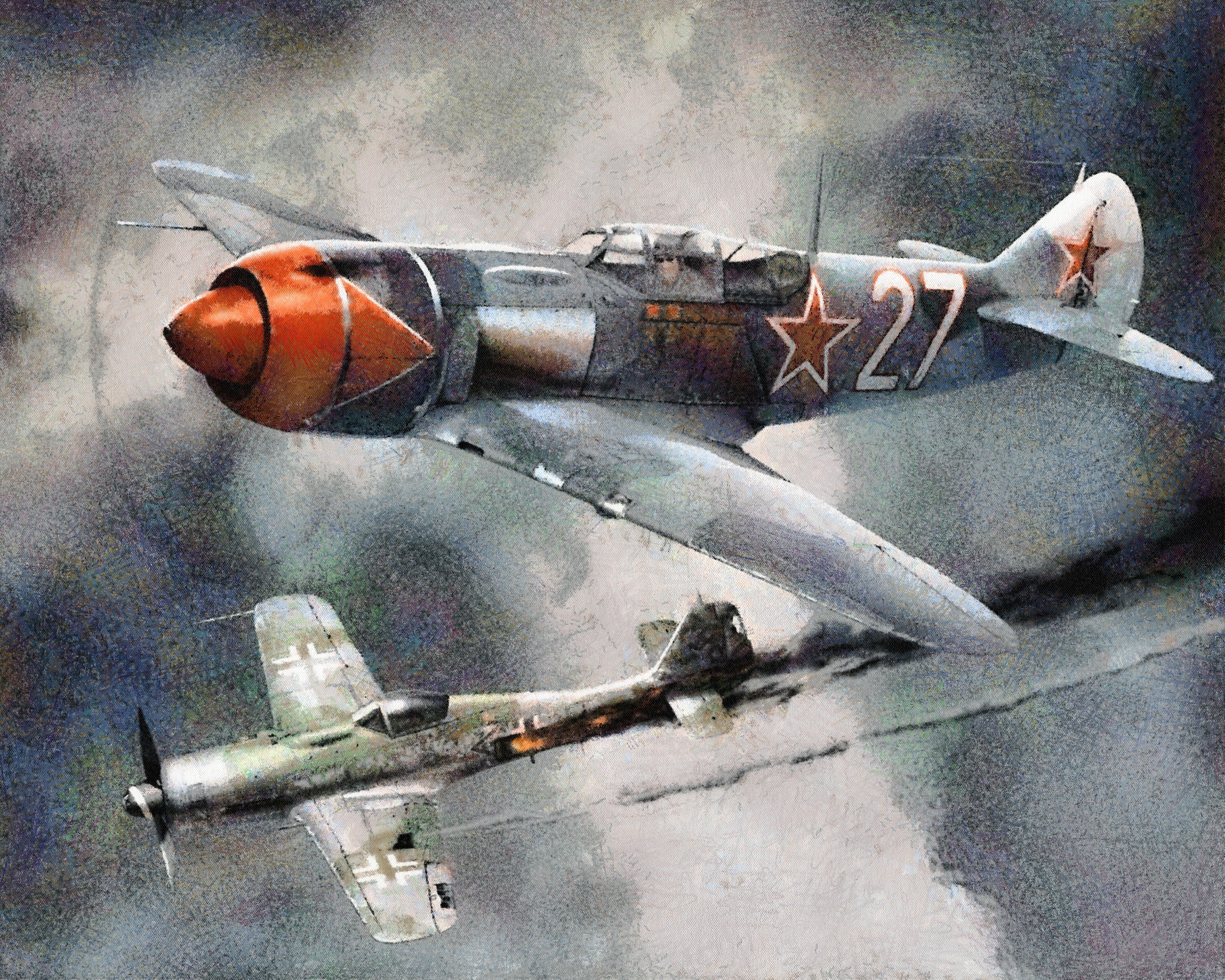 Soviet and German fighter planes in aerial combat HD Wallpaper