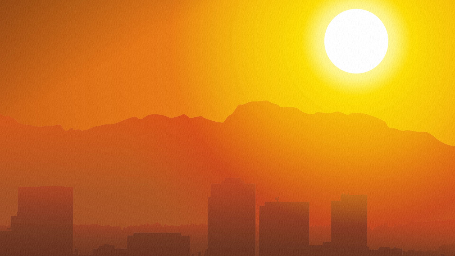 City skyline at sunset with mountains and sun HD Wallpaper