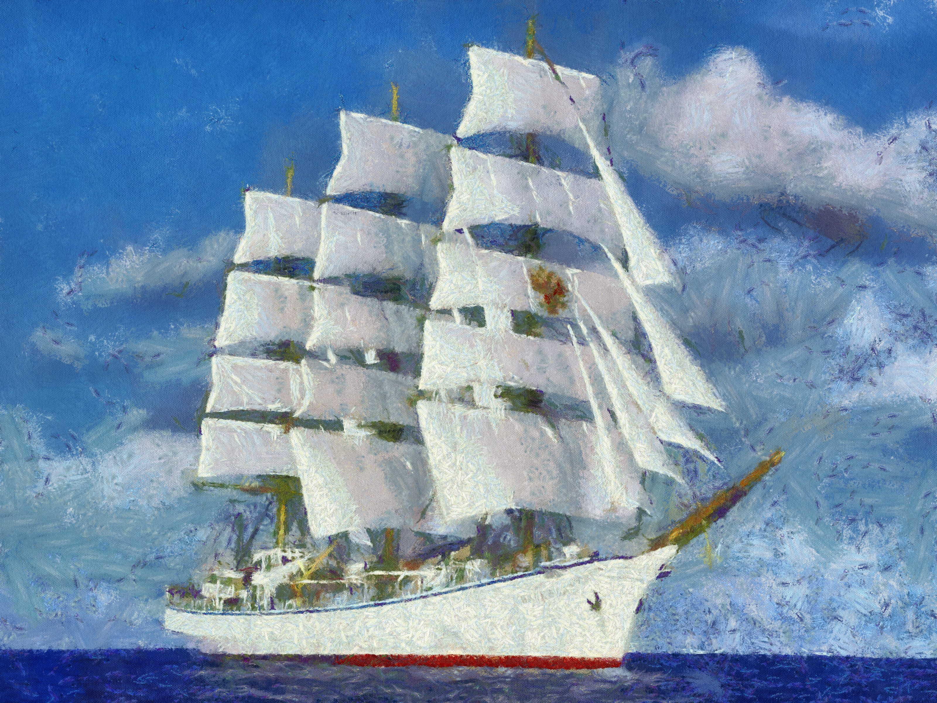A tall sailing ship with white sails on the ocean HD Wallpaper