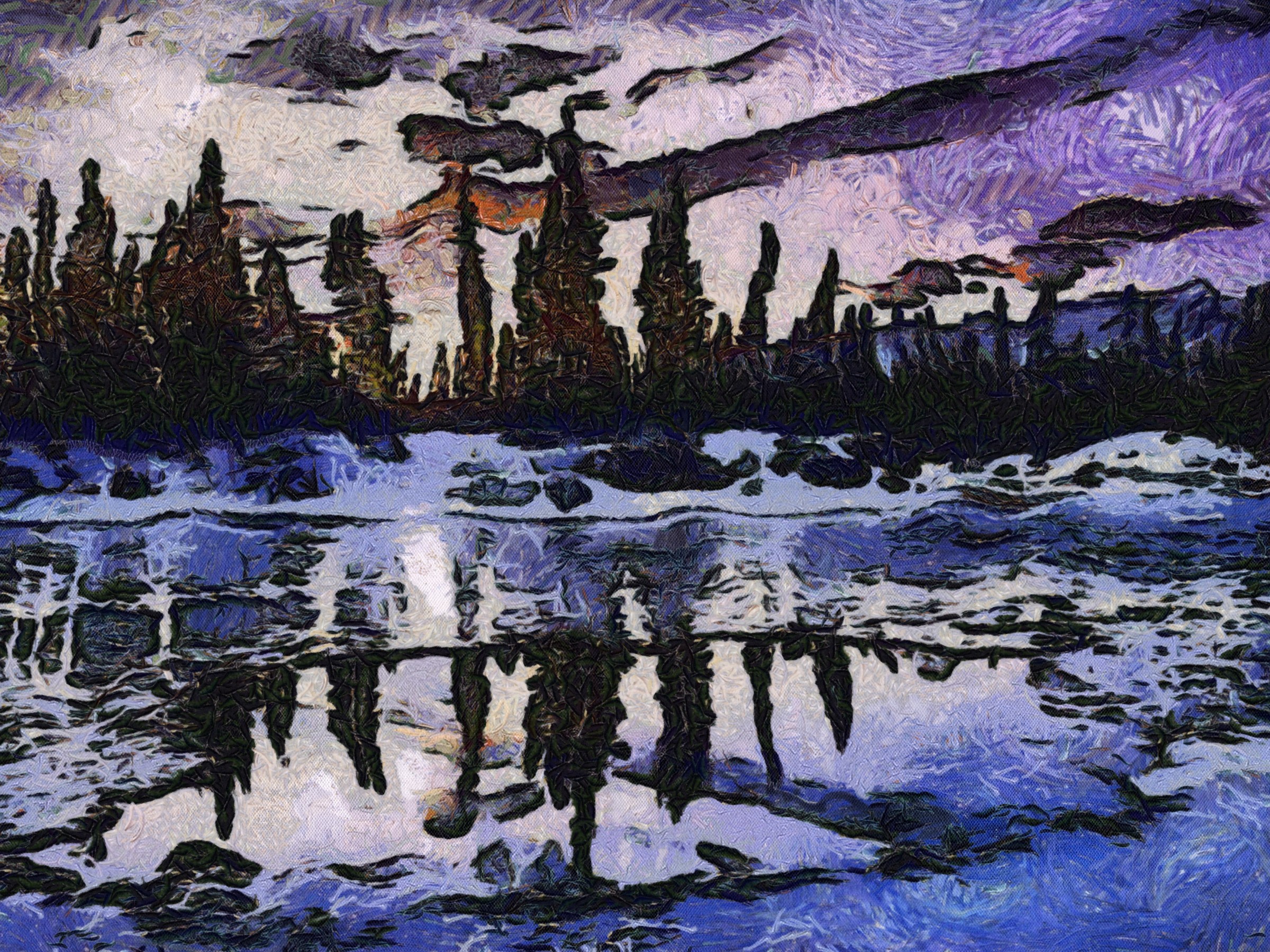 Impressionist painting of a forest reflected in water HD Wallpaper
