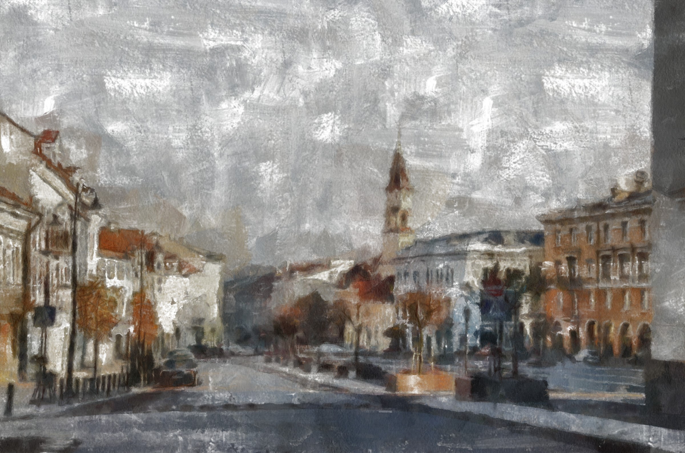 Painting of a European city street with buildings and a church tower HD Wallpaper