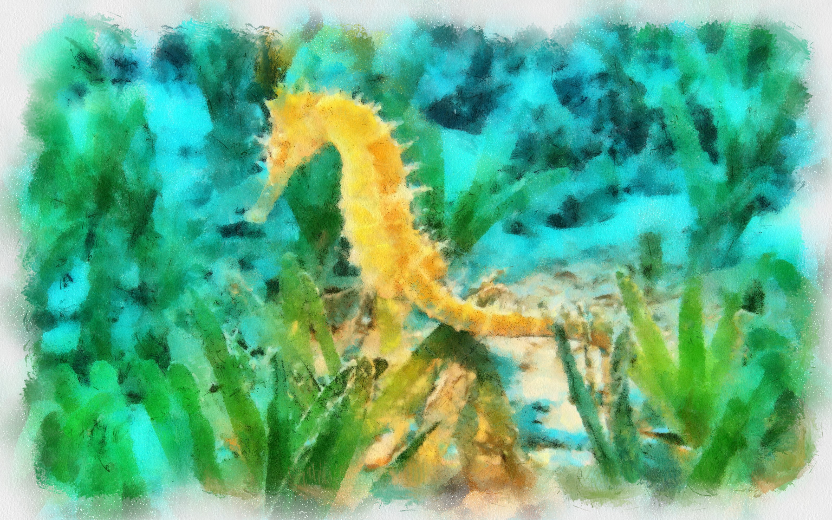 Yellow seahorse in underwater seagrass HD Wallpaper