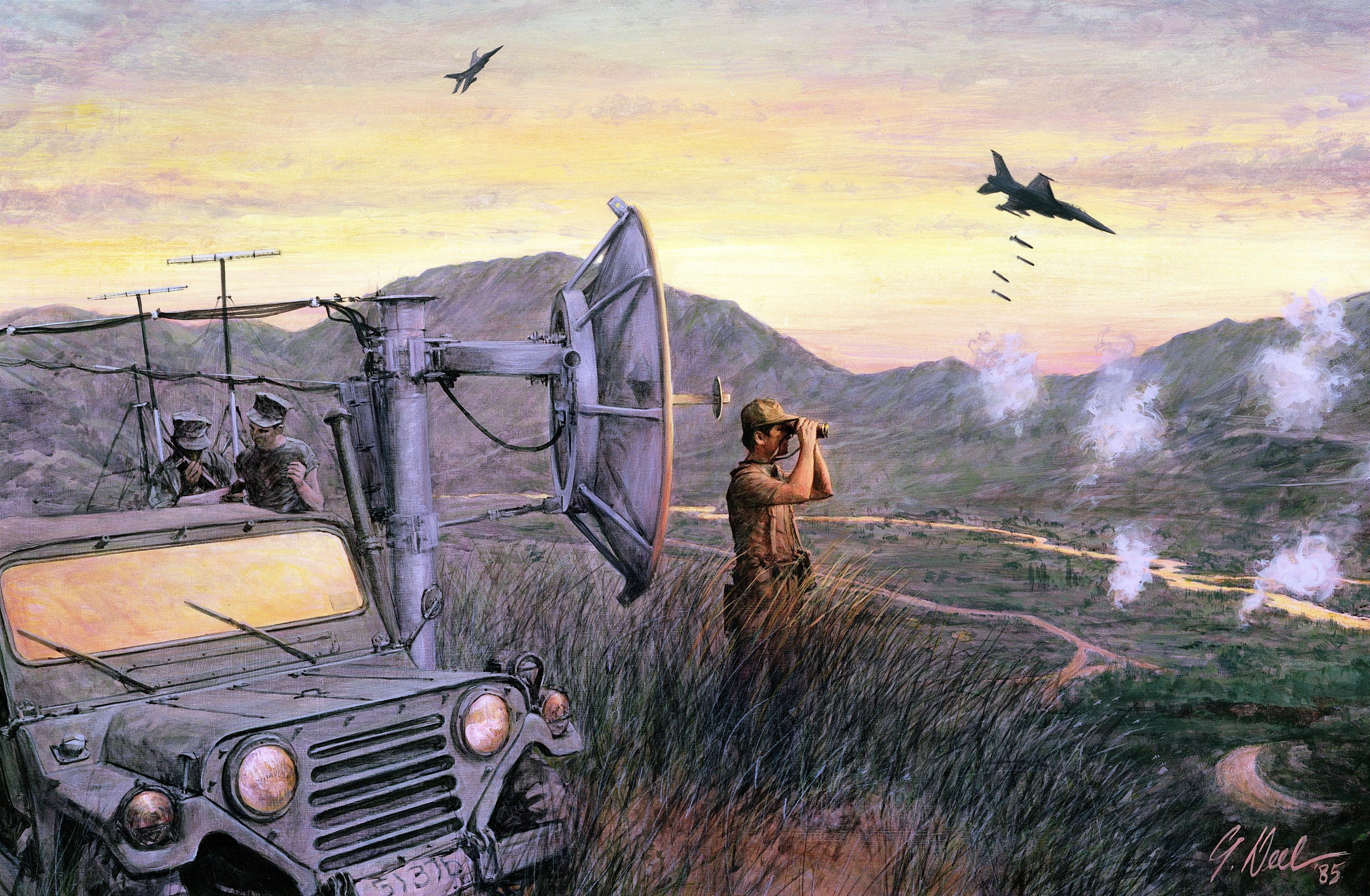 Military scene with soldiers, radar, and aircraft bombing HD Wallpaper