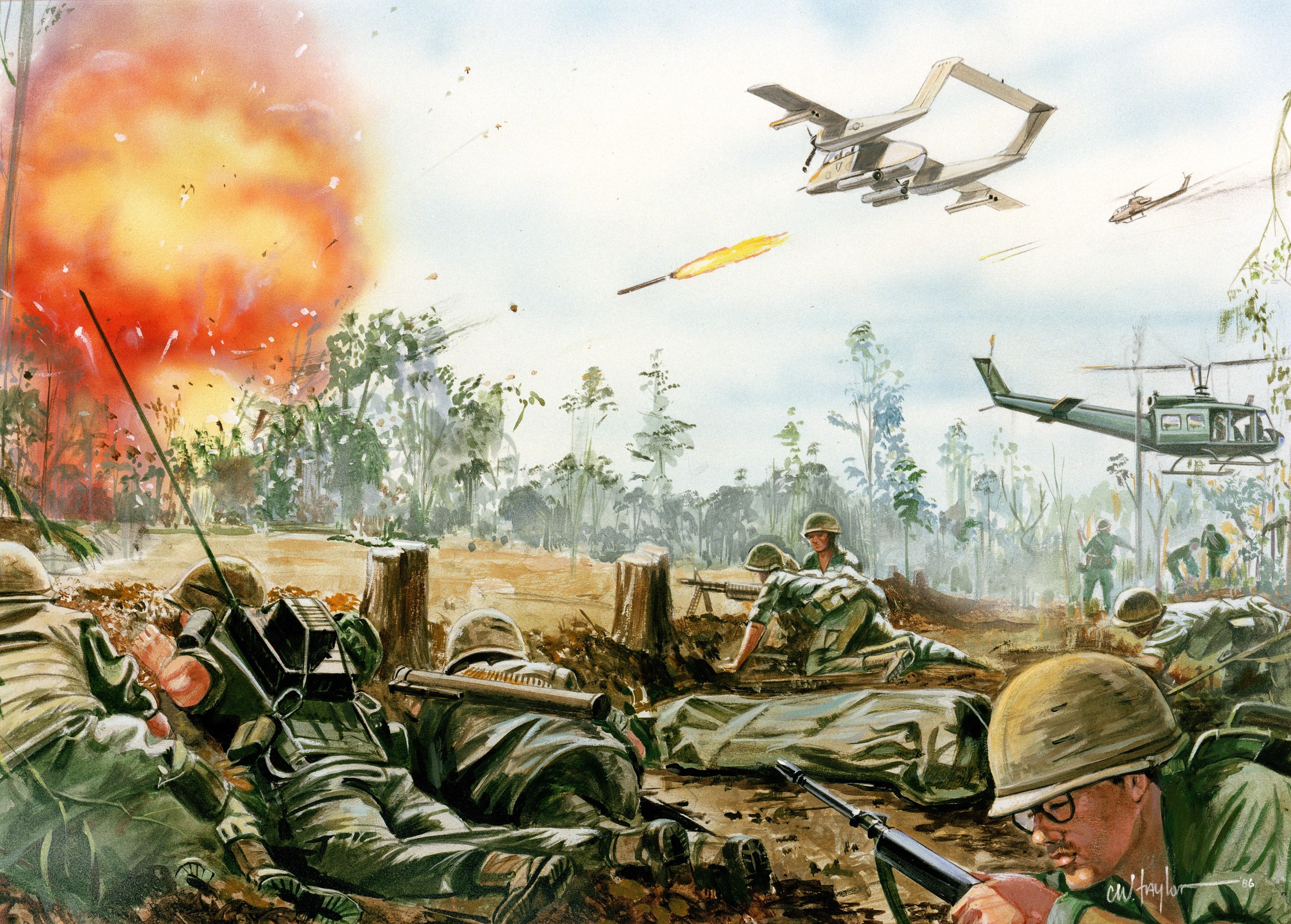 Soldiers in combat with aircraft and explosion HD Wallpaper
