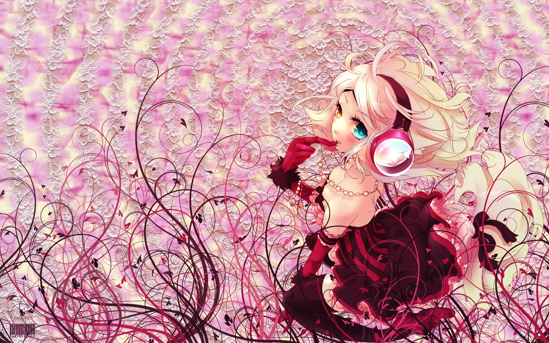 Anime girl with headphones and fox ears HD Wallpaper