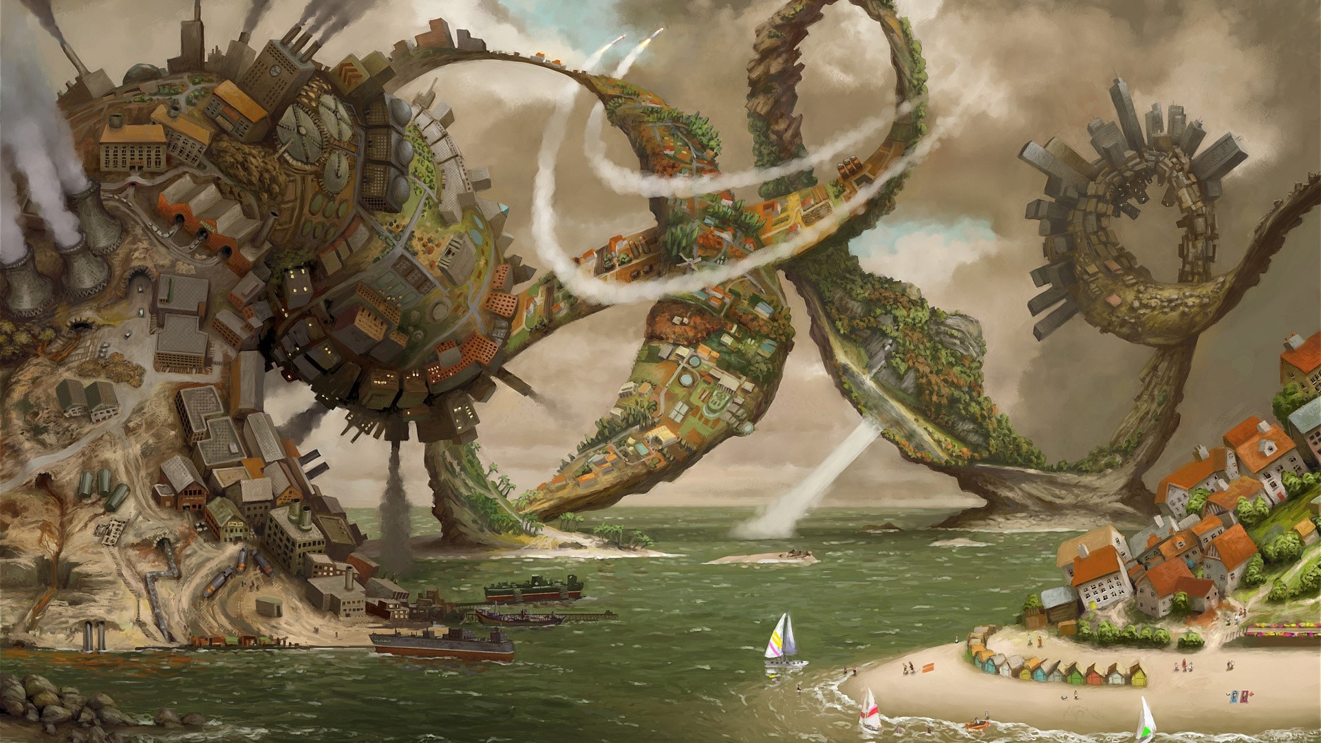 Fantastic world with floating islands and cities HD Wallpaper