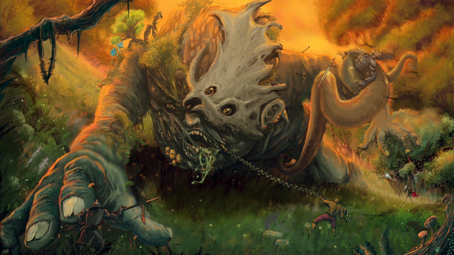 Giant moss-covered monster fighting small warriors in a forest HD Wallpaper