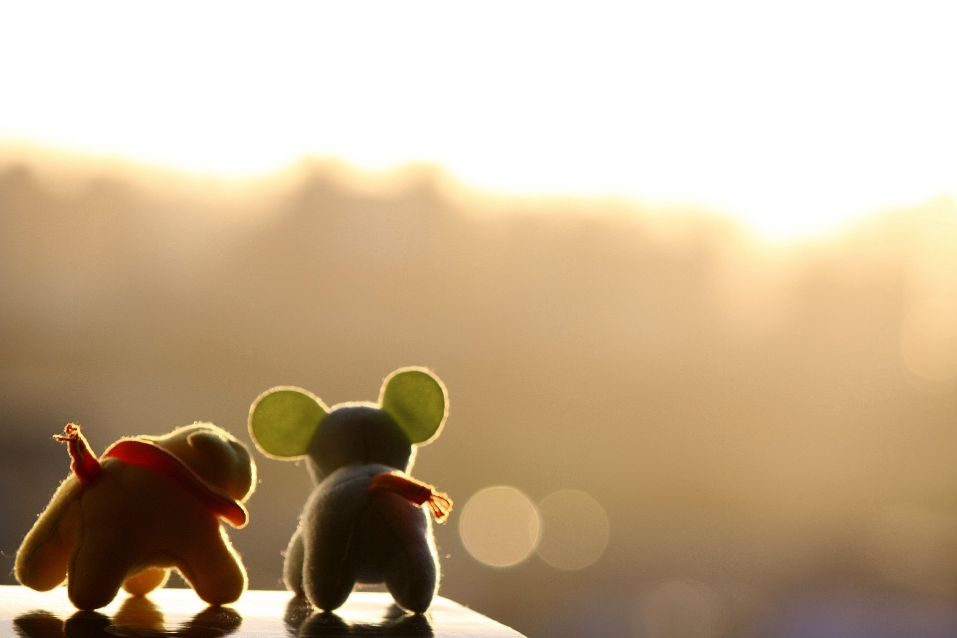 Two stuffed toys looking at the sunset HD Wallpaper