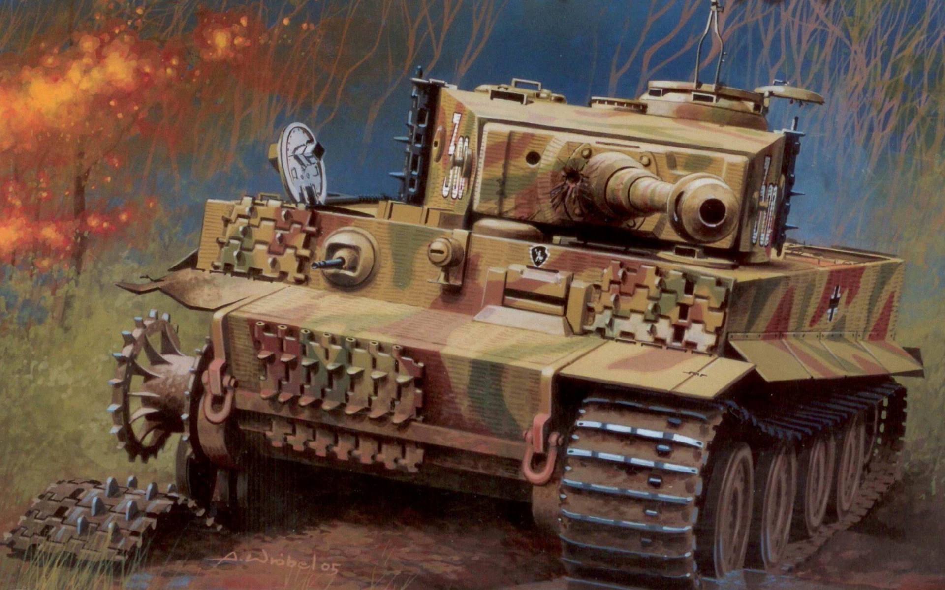 Tiger tank in a battle scene painting HD Wallpaper