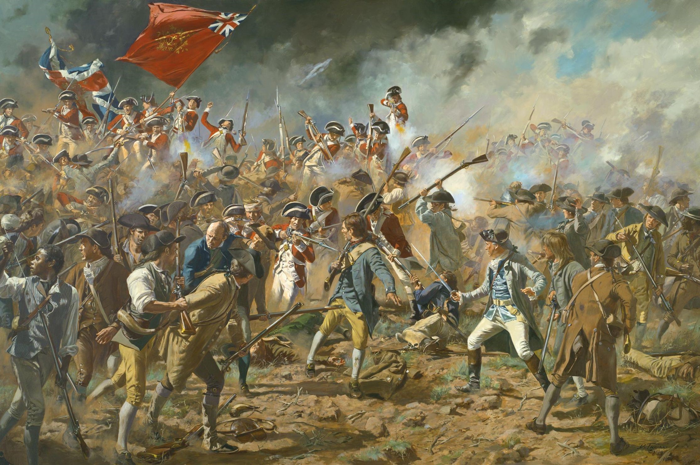 Battle Scene with Soldiers and Flags HD Wallpaper