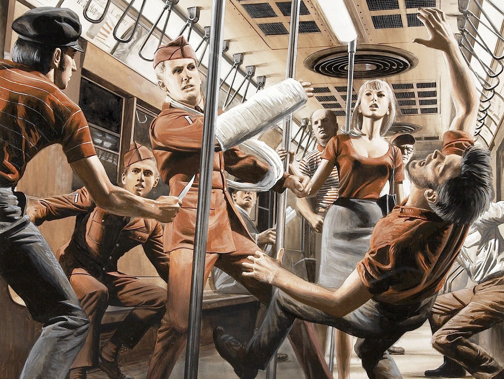 Mort Kunstler painting of a subway fight scene HD Wallpaper