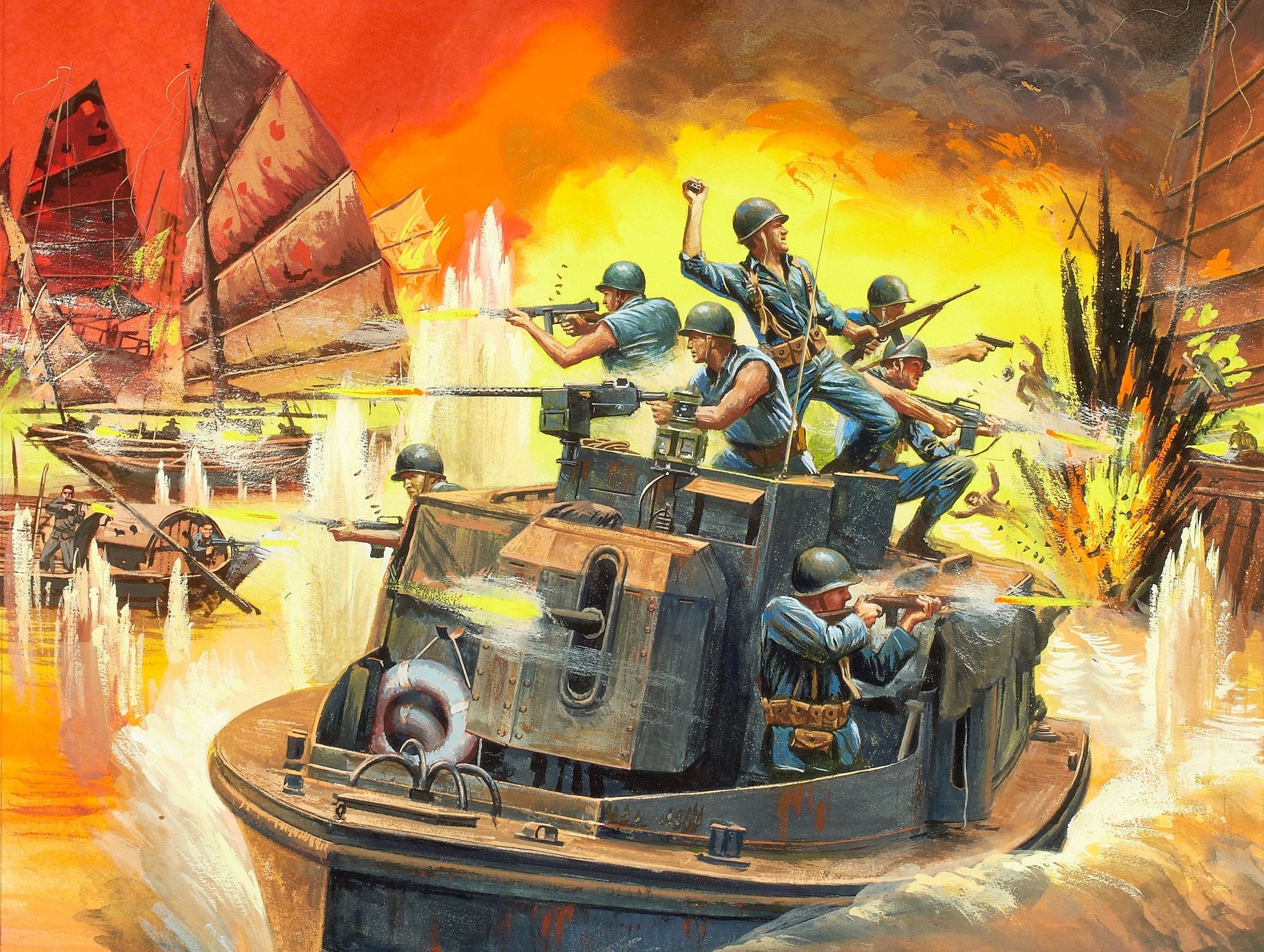Mort Kunstler painting of naval battle with soldiers and junks HD Wallpaper