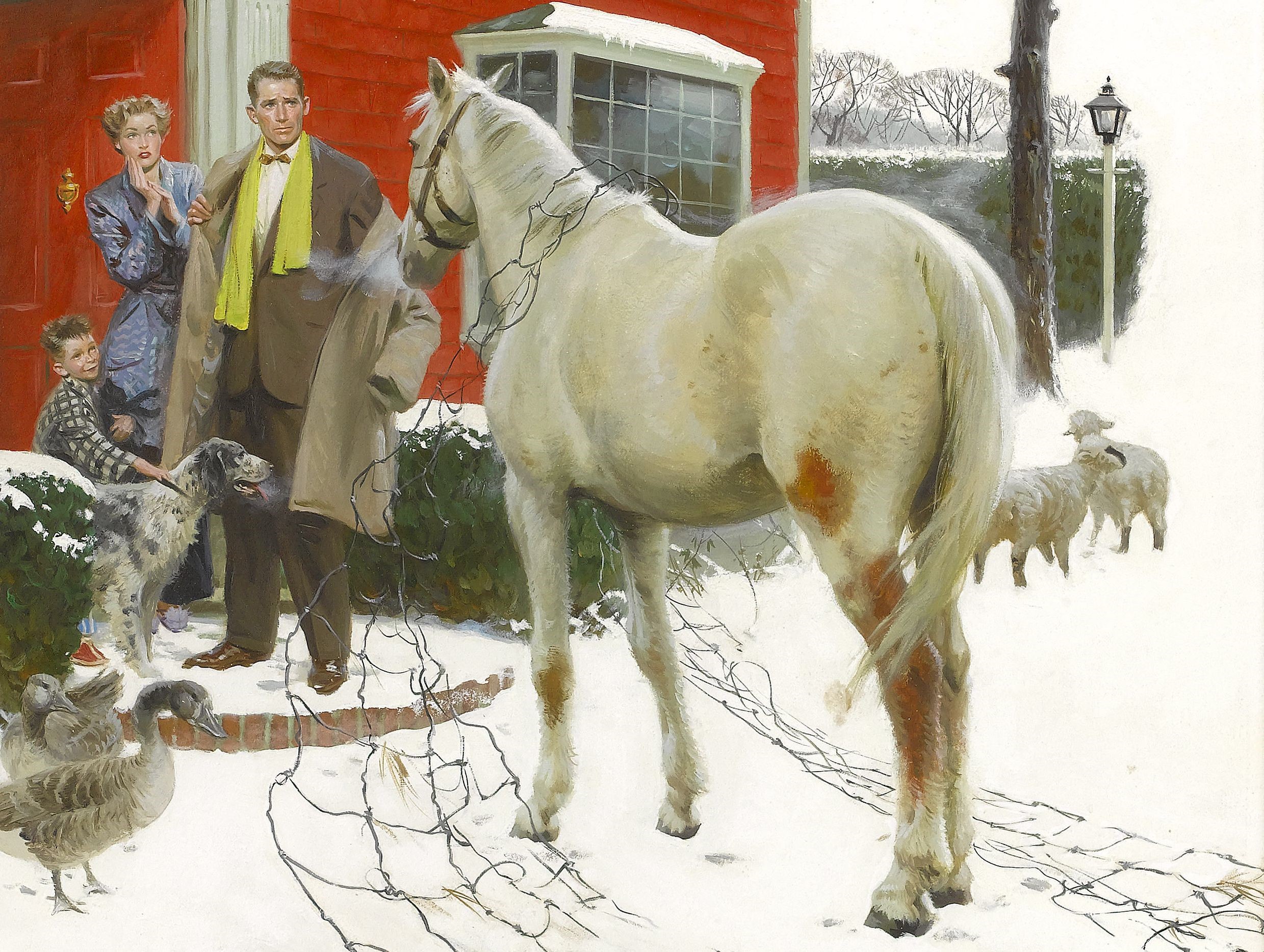 Family and animals encounter a horse in the snow HD Wallpaper