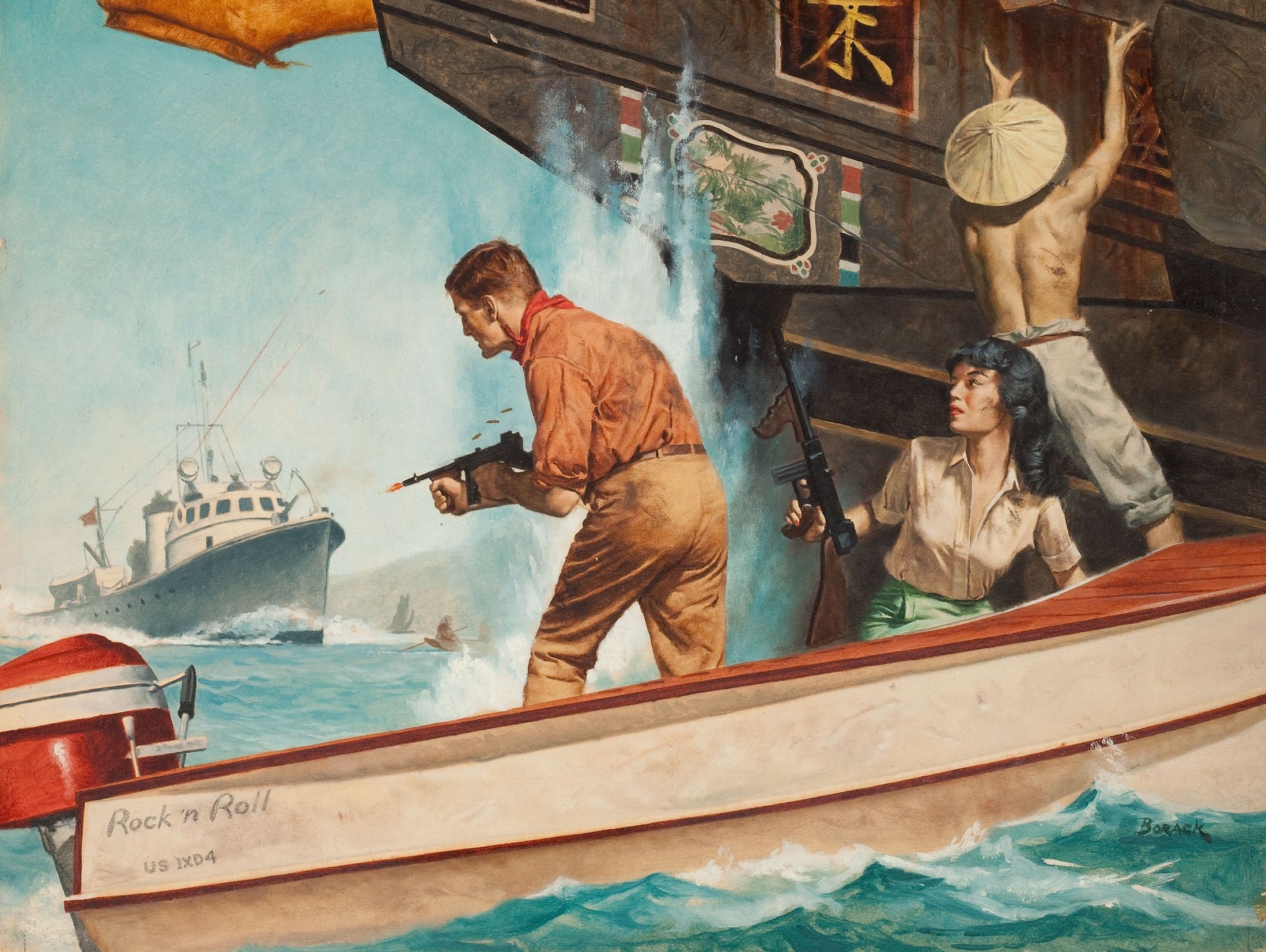 Stanley Borack painting of a boat chase HD Wallpaper