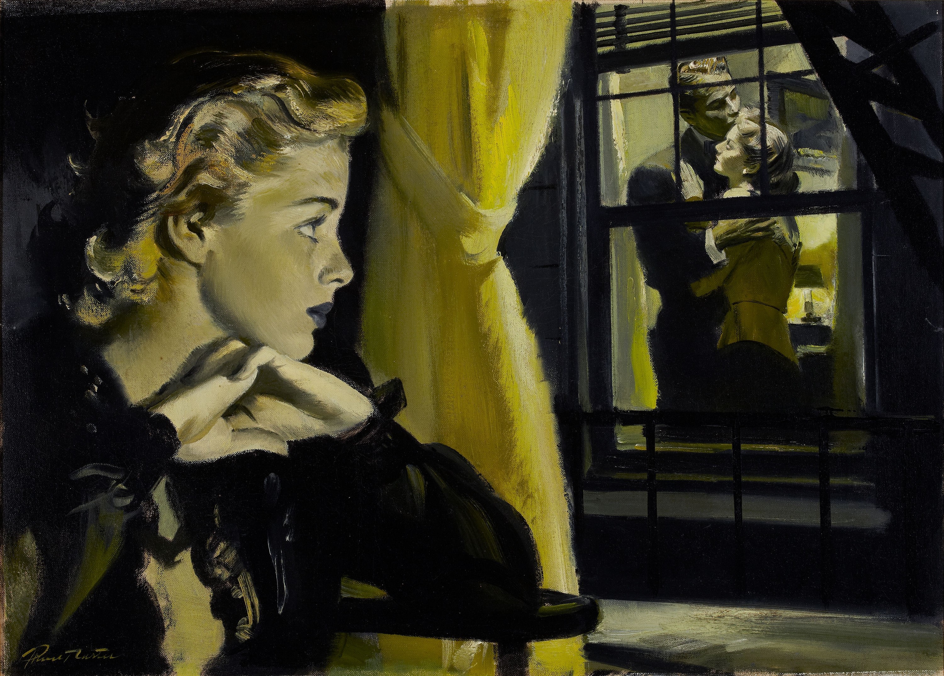 Woman looking out window at couple embracing HD Wallpaper