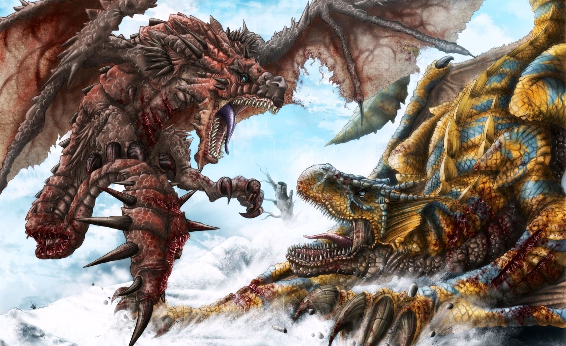 Two dragons fighting in a snowy landscape HD Wallpaper