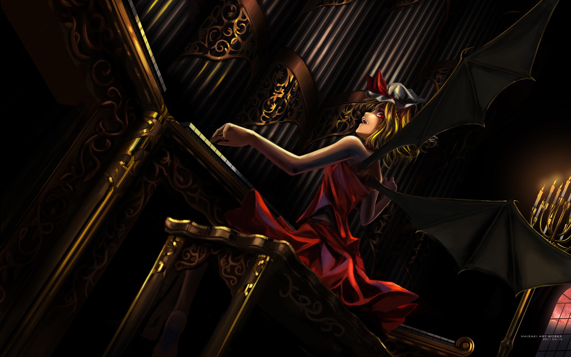 Remilia Scarlet playing piano in a dark room HD Wallpaper