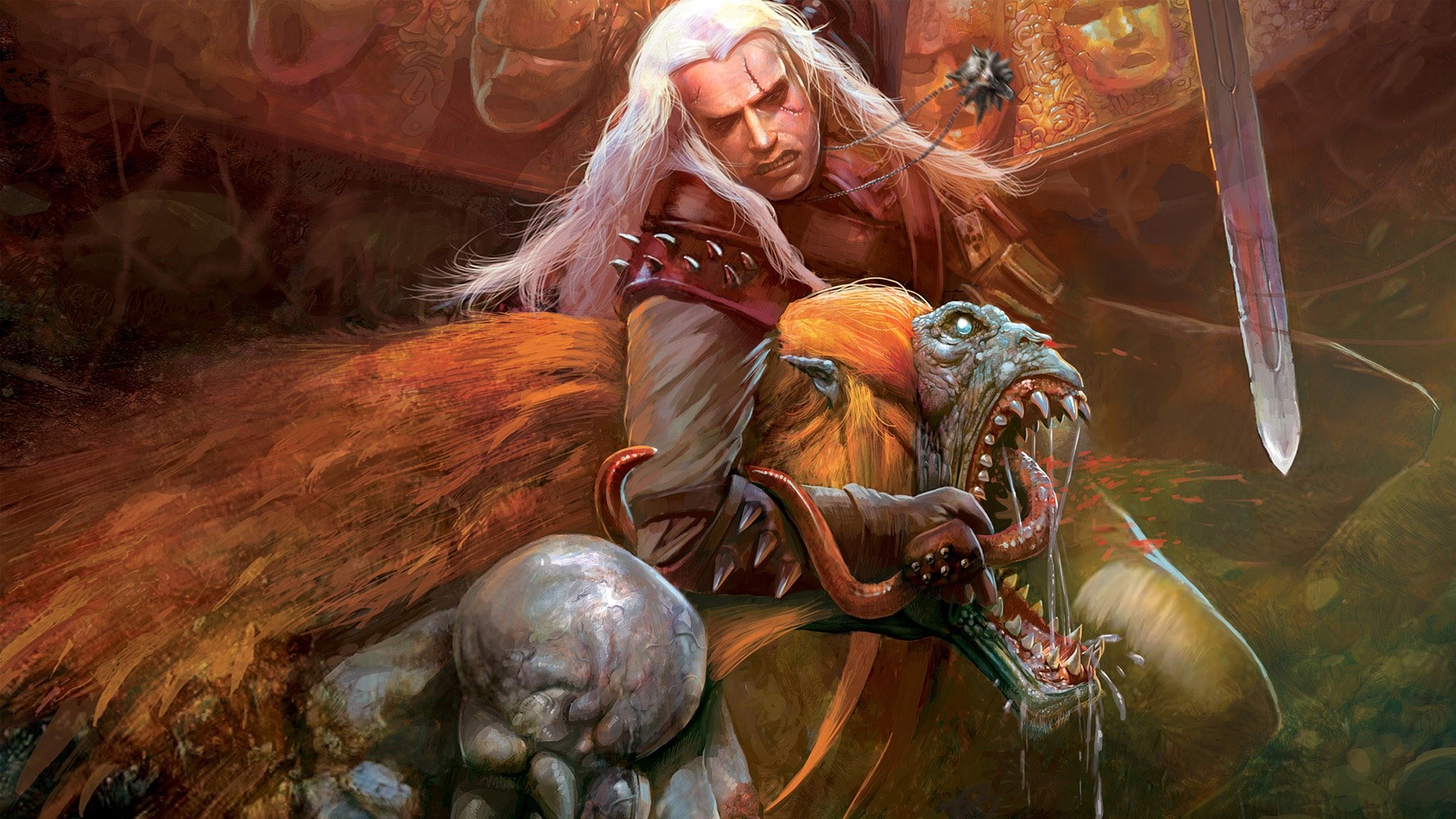 Geralt of Rivia fighting a monster in The Witcher 2 HD Wallpaper