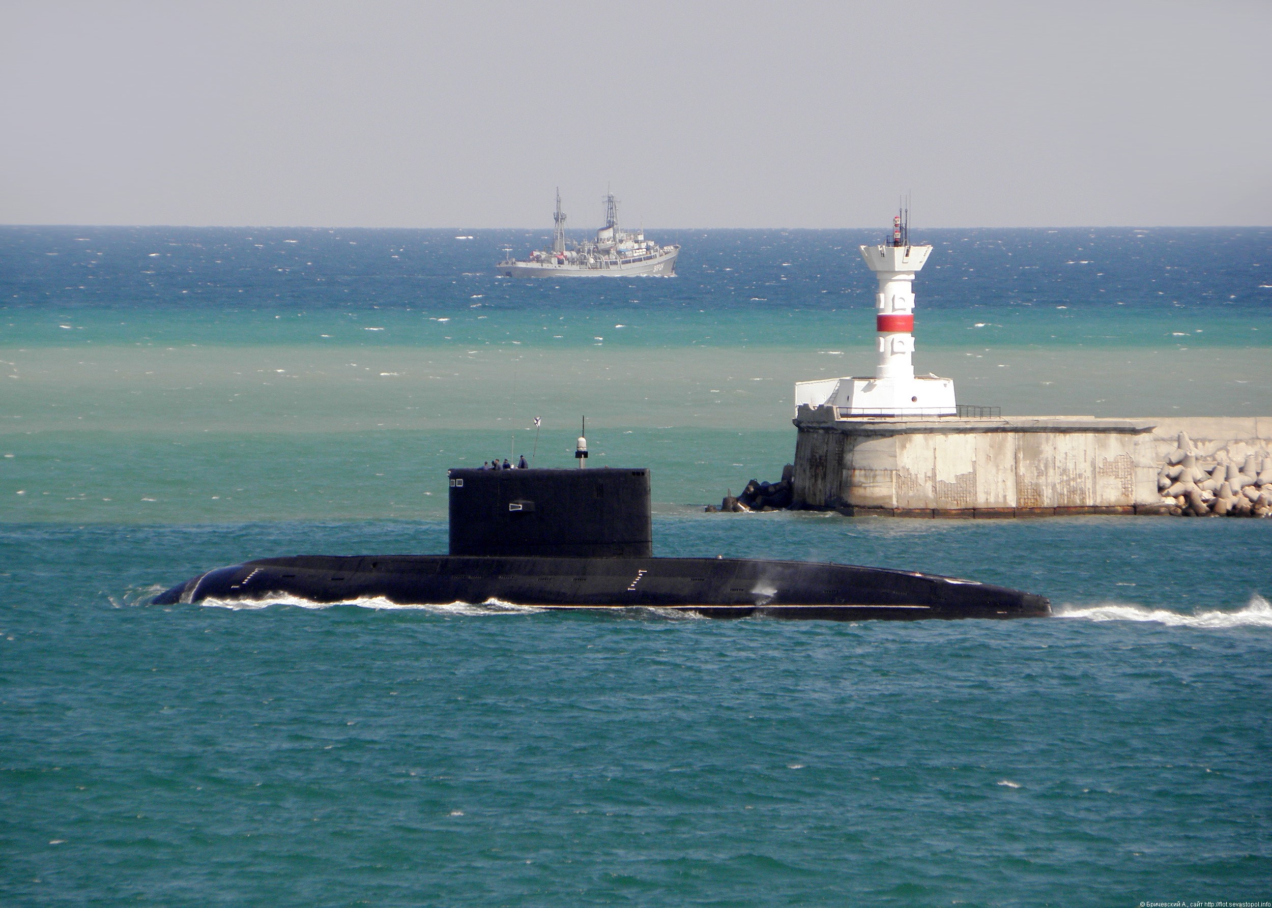 Submarine and Warship near Lighthouse HD Wallpaper