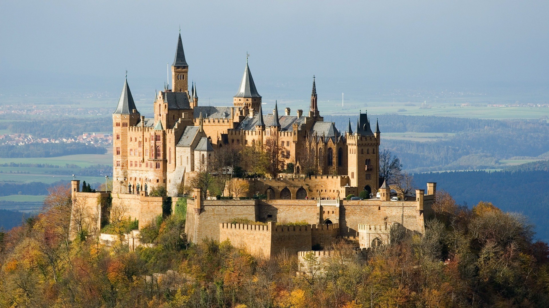Hohenzollern Castle on a hill in autumn HD Wallpaper