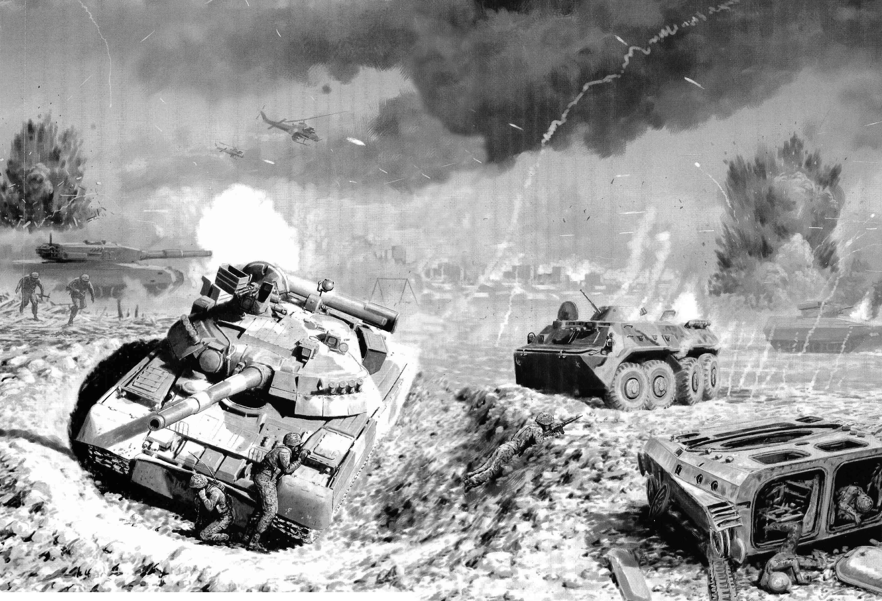 Battle scene with tanks, helicopters, and explosions HD Wallpaper