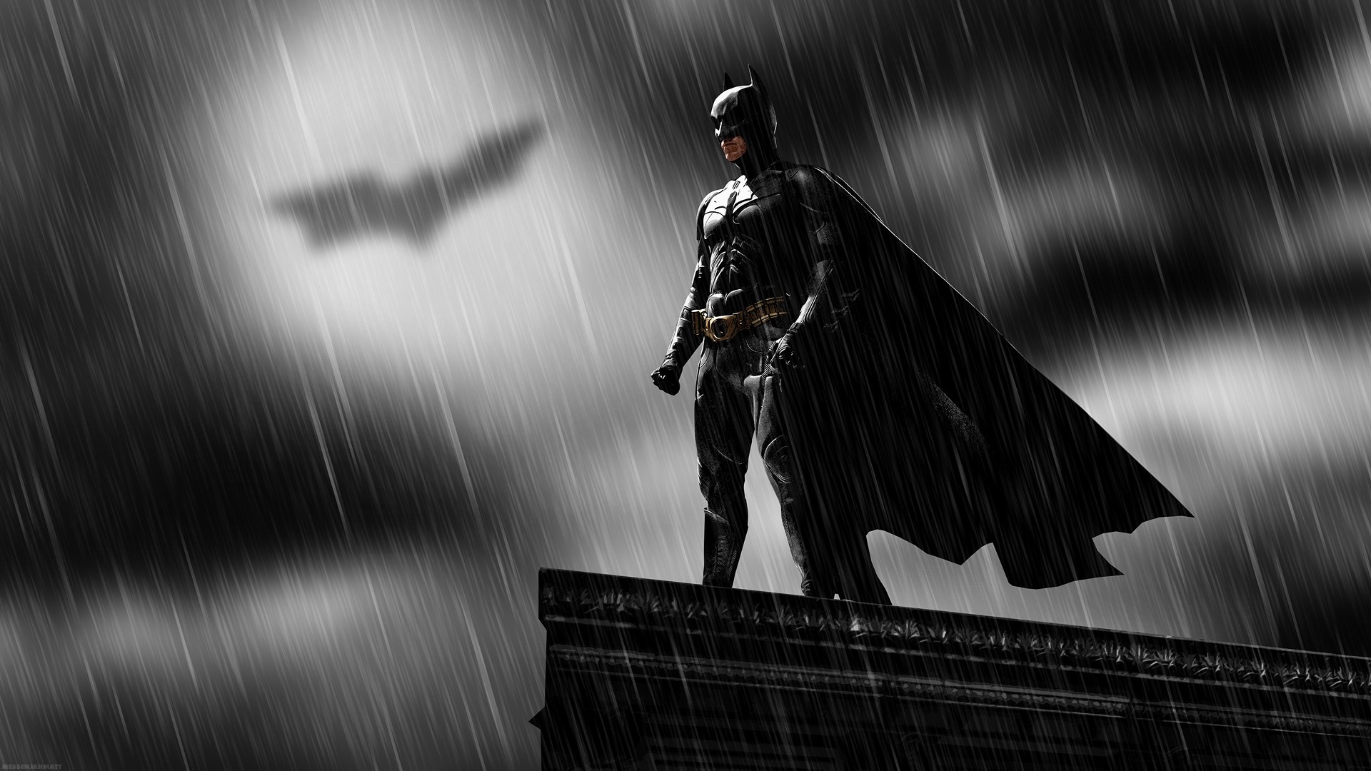 Batman standing on a rooftop in the rain HD Wallpaper