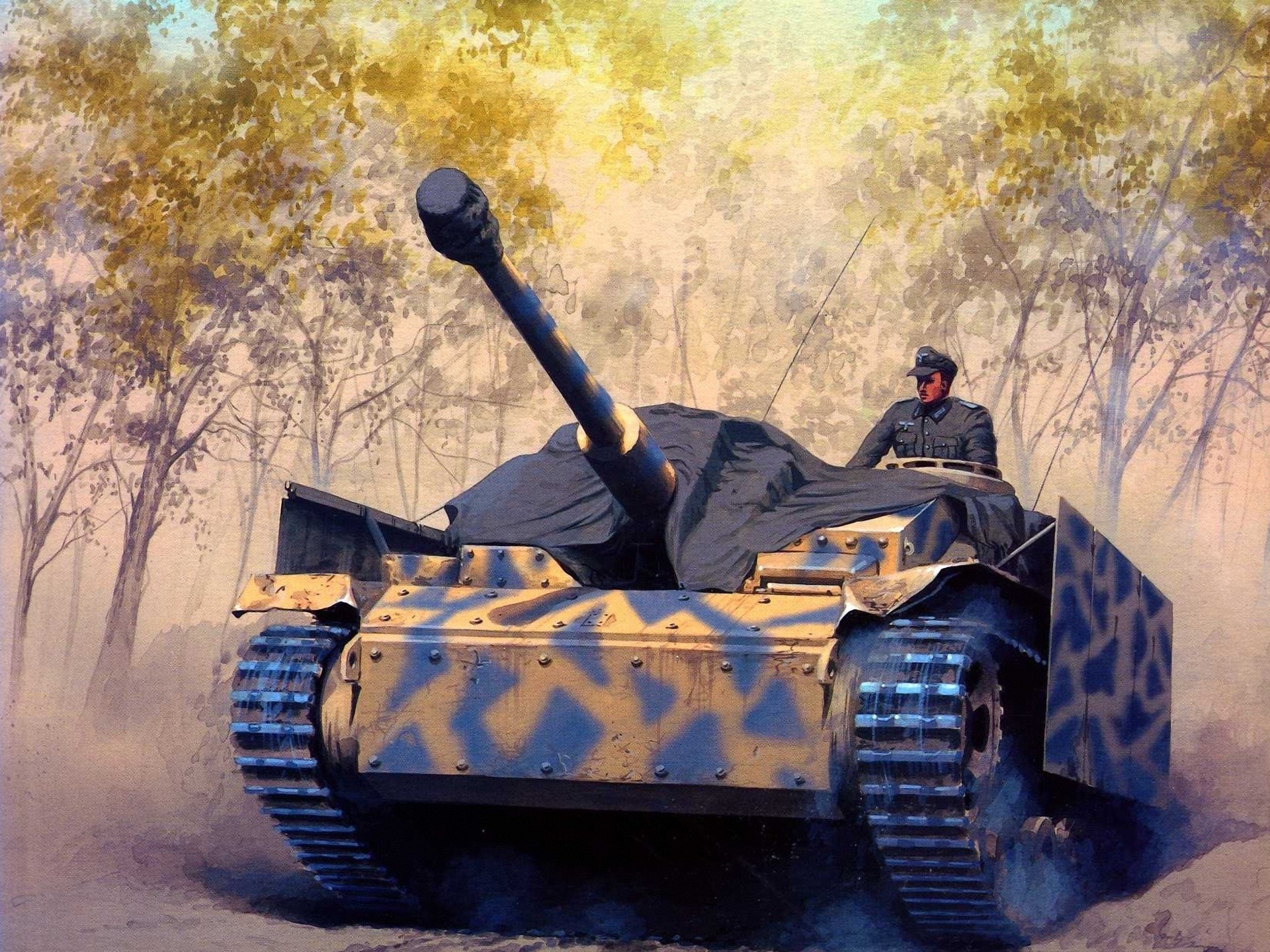 Painting of a German tank with a soldier in a forest HD Wallpaper