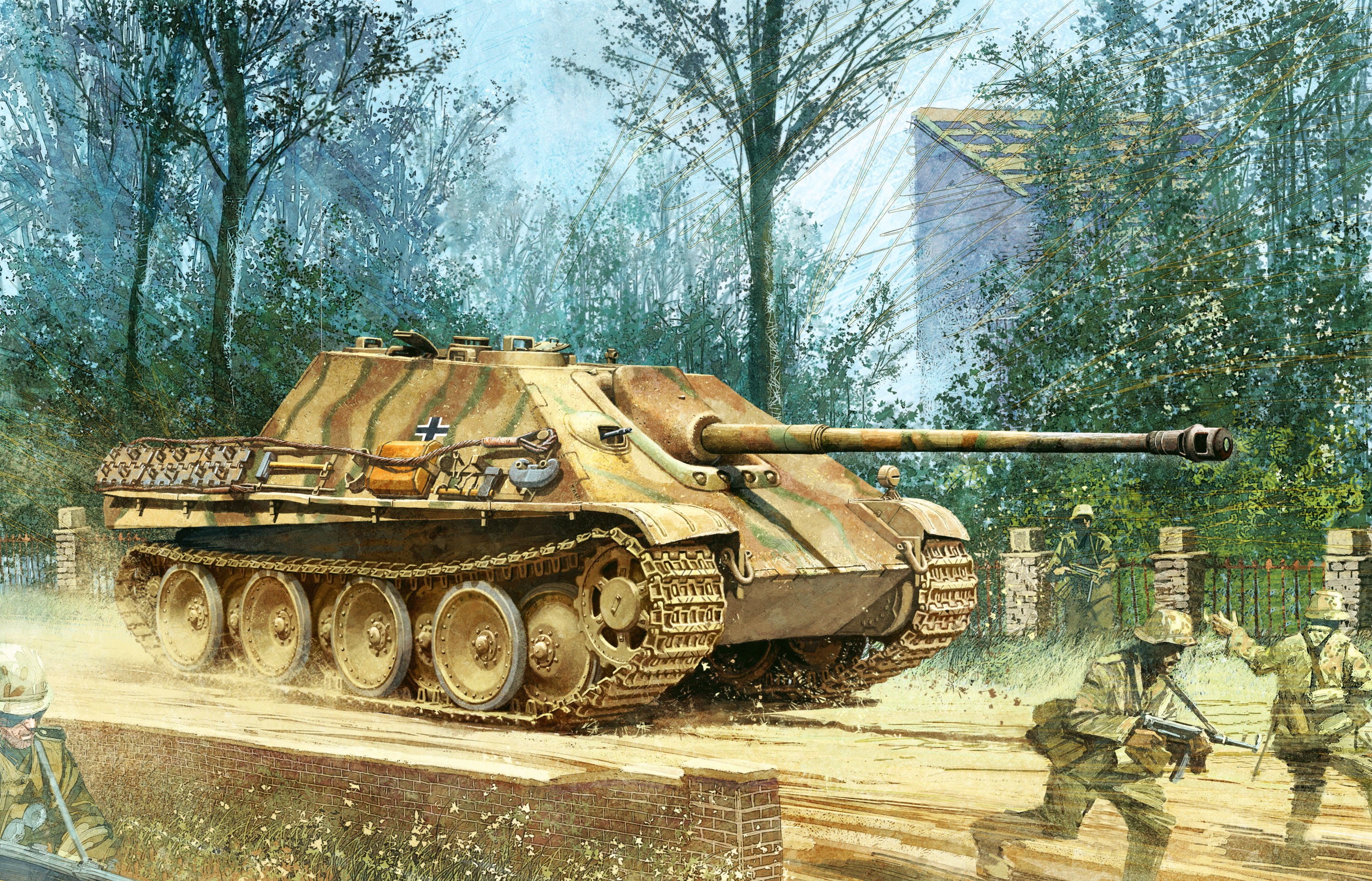Jagdpanther tank with soldiers in a wooded area HD Wallpaper