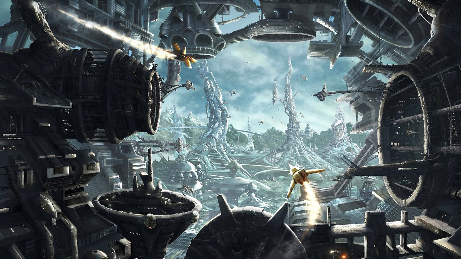 Futuristic city with flying vehicles and advanced architecture HD Wallpaper