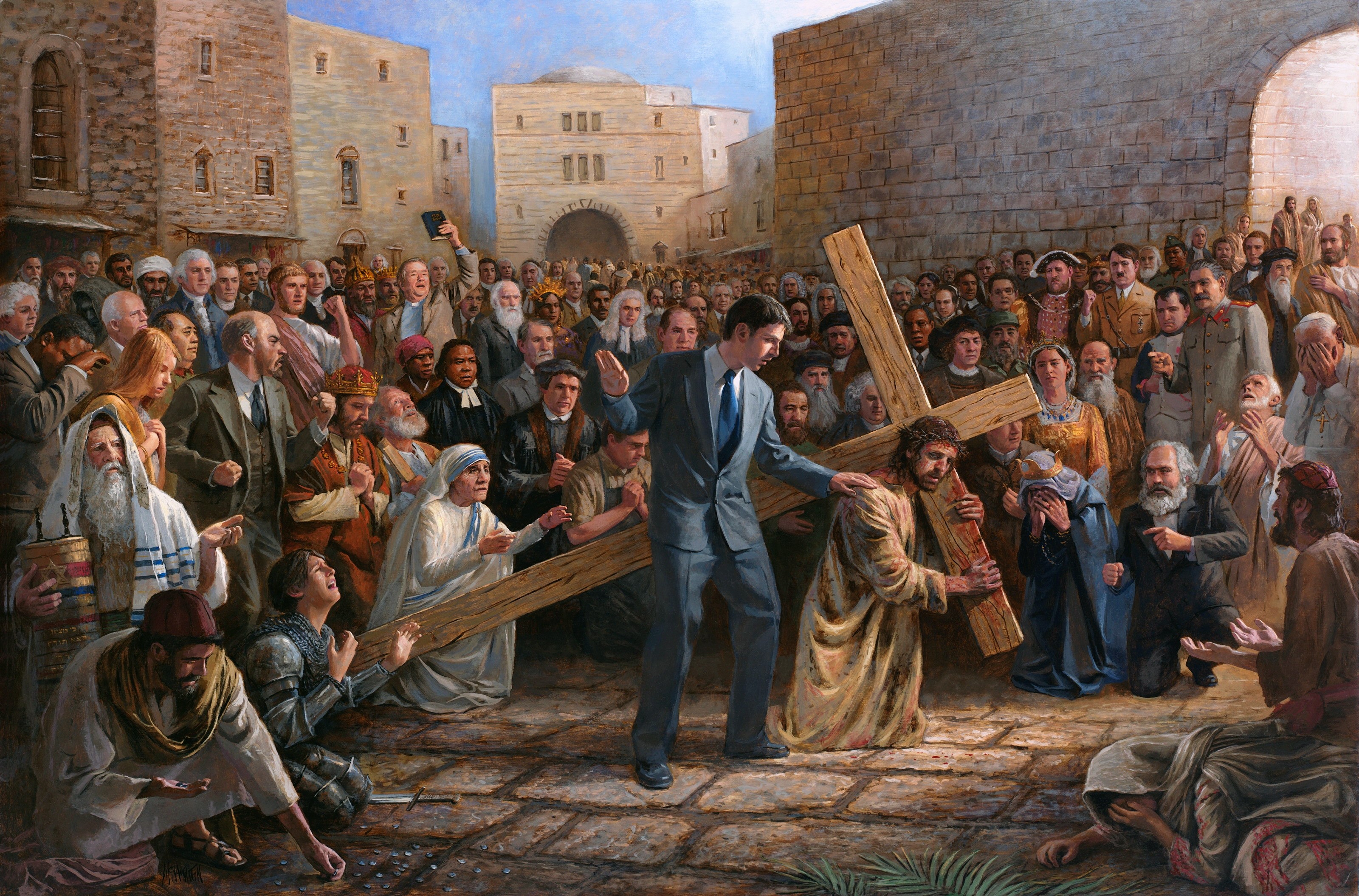 Jesus carrying the cross with historical figures HD Wallpaper