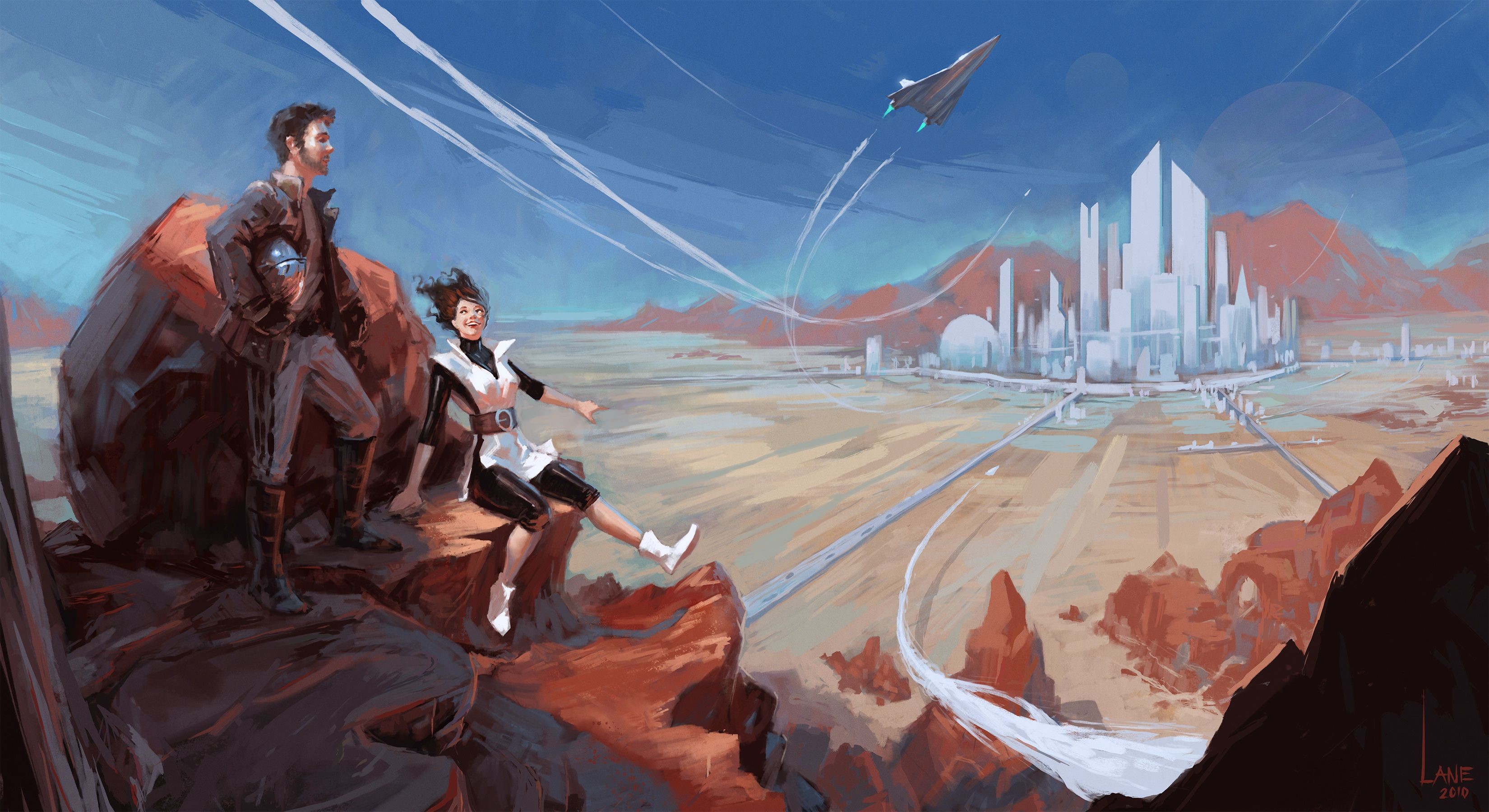 Couple overlooking a futuristic city on a desert planet HD Wallpaper