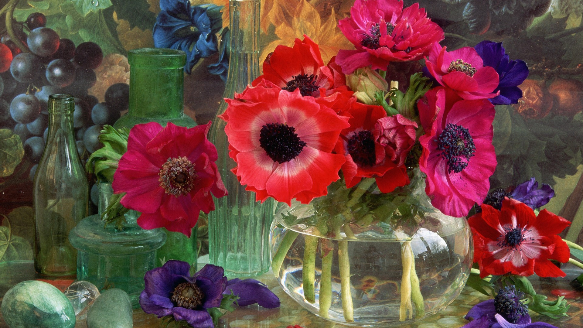 Still life painting of anemone flowers and green bottles HD Wallpaper
